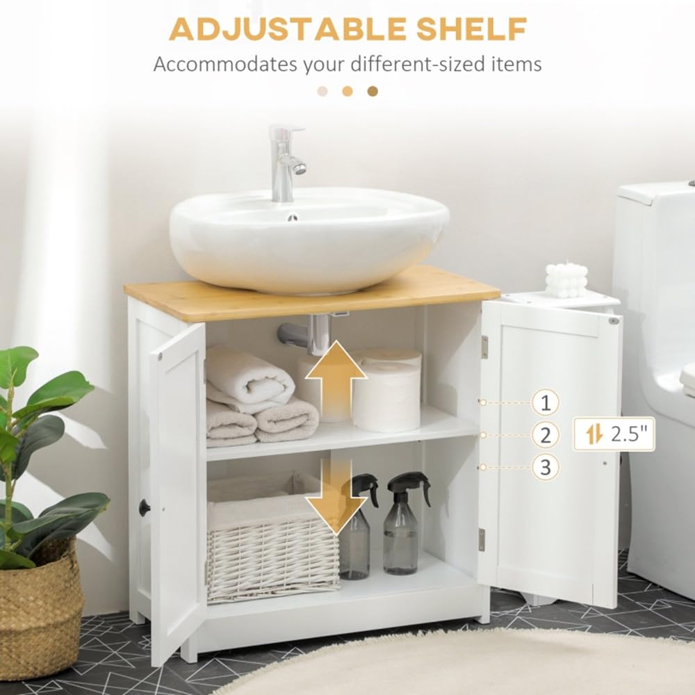 White & Dark Walnut Double Door Pedestal Sink Storage Cabinet - Bathroom Vanity Organizer with Shelves for Towels & Toiletries - Perfect for Small Bathrooms & Powder Rooms