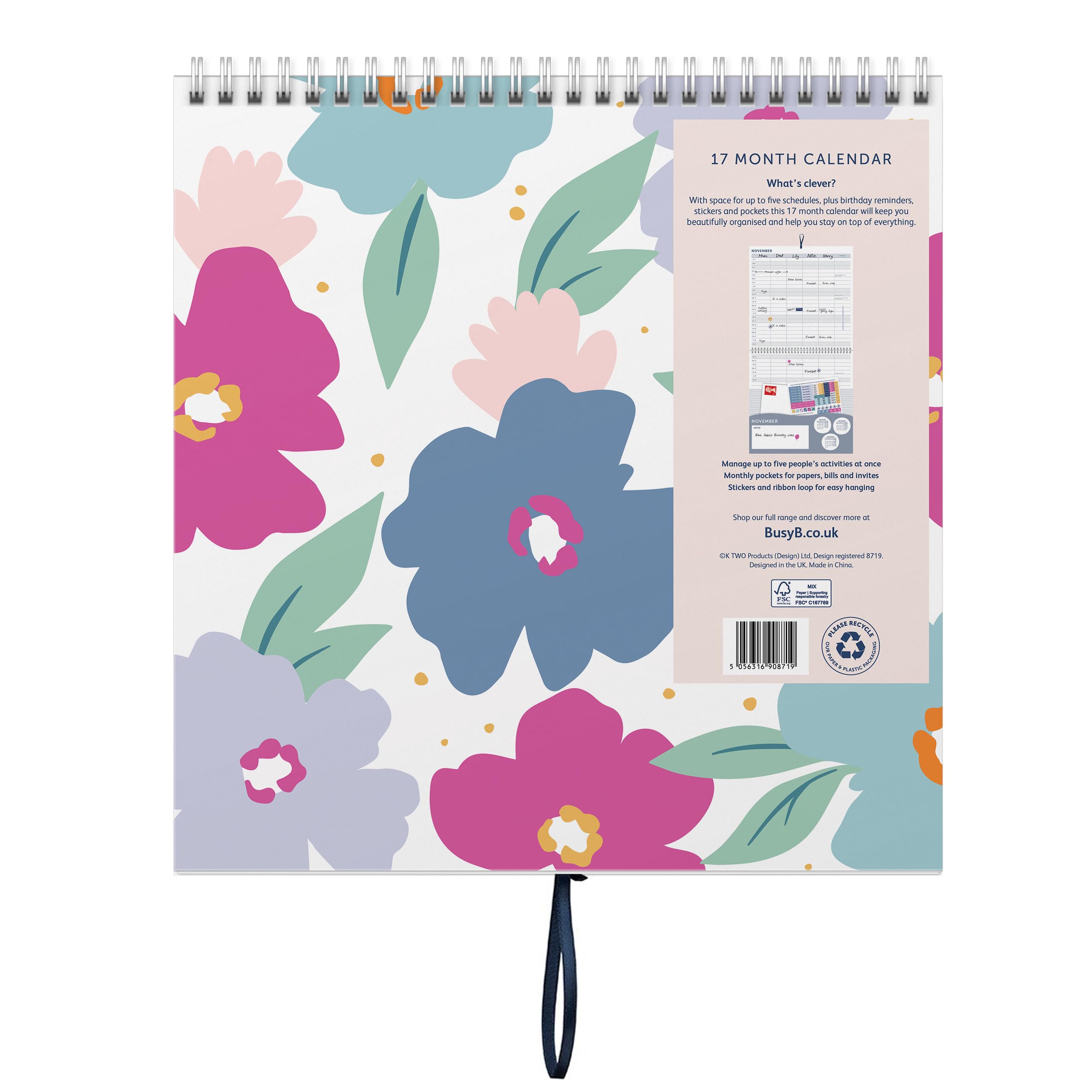 Busy B 17-Month Family Wall Calendar August 2024 - December 2025 | Floral Design Wall Planner with 5 Schedules, Tear-Off Shopping Lists & 17 Monthly Pockets | FSC Certified | Perfect for Home, Office & Classroom Organization