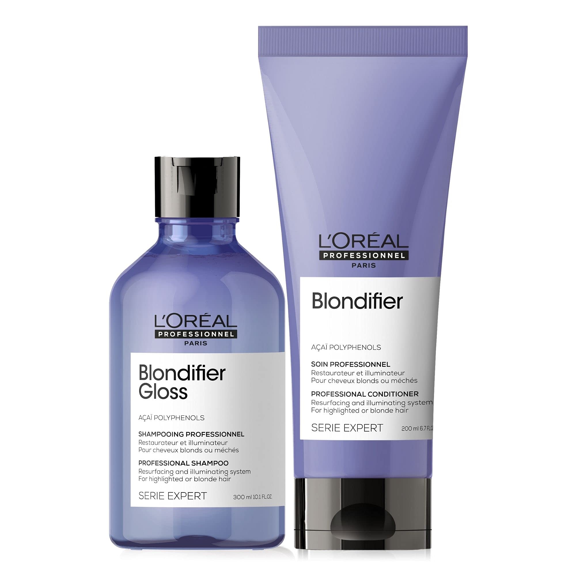 L'Oréal Professionnel Serie Expert Blondifier Gloss Shampoo & Conditioner Set - Brightening & Protecting for Blonde Hair (300ml Shampoo + 200ml Conditioner) - Perfect for Color-Treated & Highlighted Hair at Home or Salon