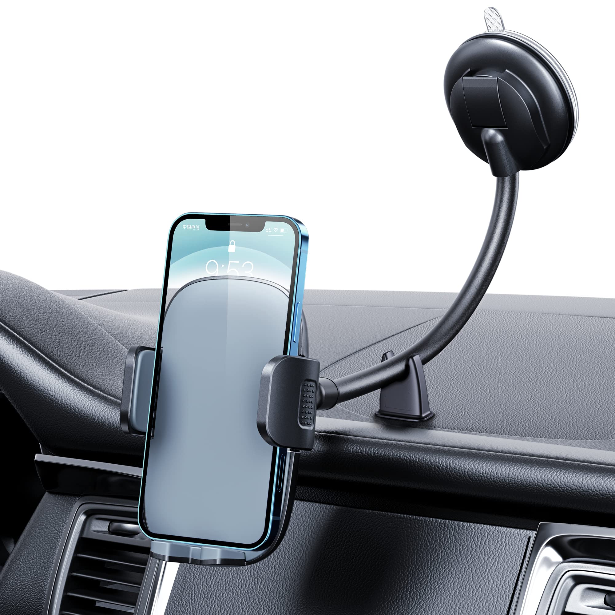 Qifutan Long Arm Car Phone Holder - Anti-Shake Dashboard & Windshield Mount for iPhone, Samsung, Smartphones (Grey) - Perfect for GPS Navigation, Hands-Free Calling & Road Trips