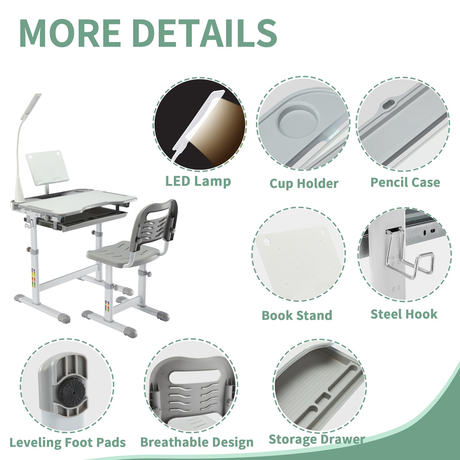 Diroan Adjustable Kids Desk and Chair Set - Ergonomic Study Desk with LED Light, Book Stand, Storage Drawer & Metal Hook - Height Adjustable Children's Learning Table for Boys & Girls (Grey) - Perfect for Homeschooling, Online Classes & Bedroom Study Space