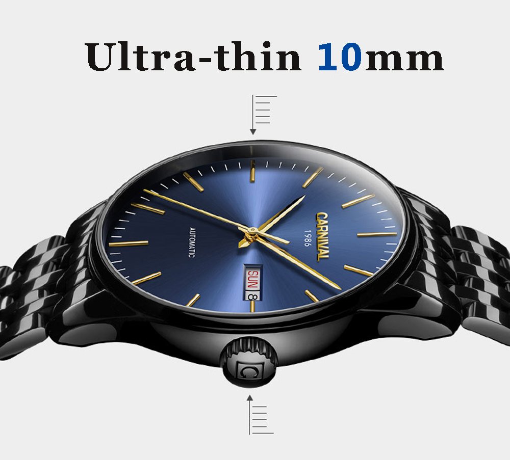 Gosasa Men's Automatic Mechanical Stainless Steel Watch - Ultra Thin Simple Day Date Waterproof Wristwatch for Business & Casual (Black/Blue) | Perfect for Office, Dating & Everyday Wear