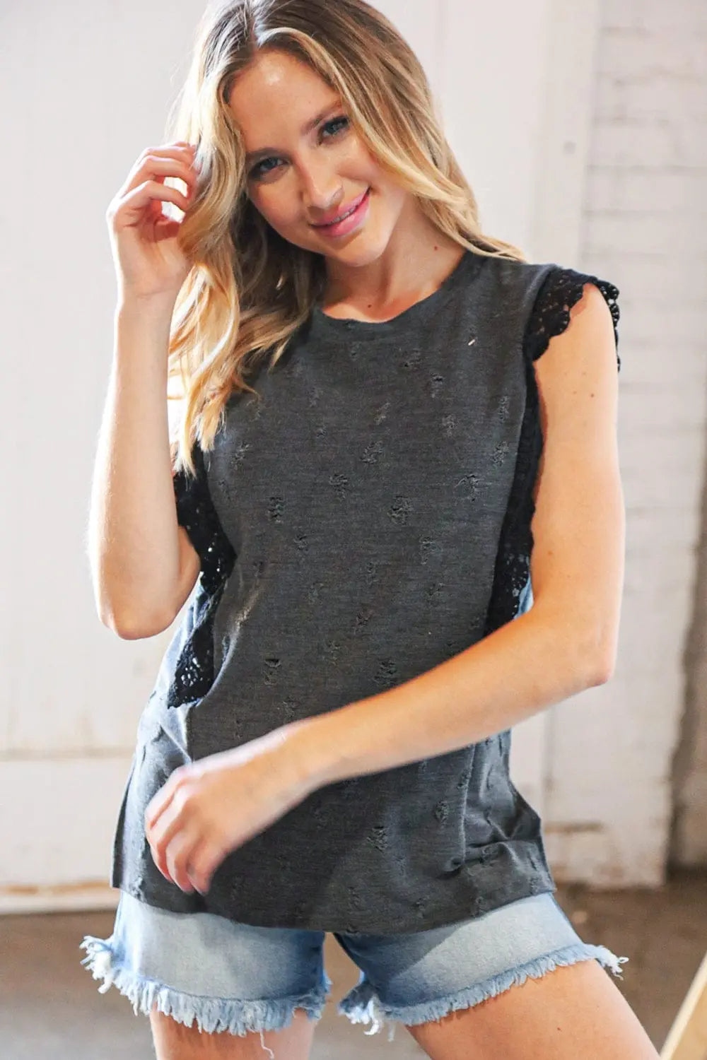 Distressed Charcoal Crochet Lace Sleeveless Top for Women - Boho Chic Summer Beach Outfit, Casual Date Night Blouse, Festival Fashion Top