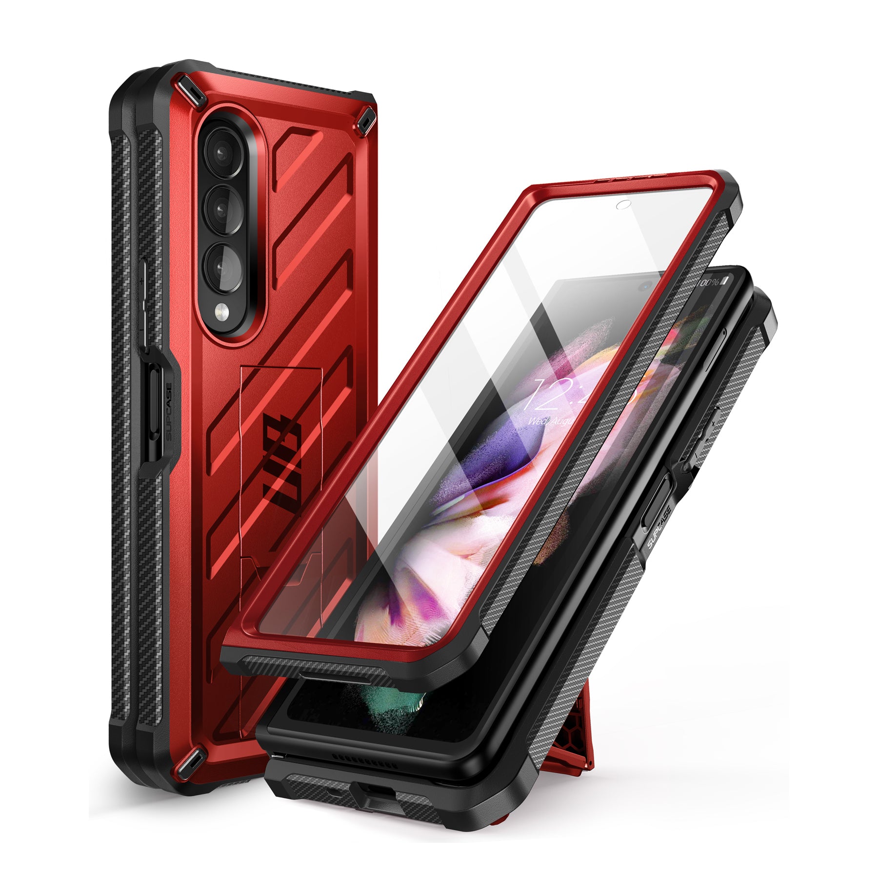 Samsung Galaxy Z Fold 3 Case with Built-in Kickstand & Screen Protector - Shockproof Heavy Duty Cover for Z Fold3 (Metallic Red) | Perfect for Work, Travel & Everyday Protection