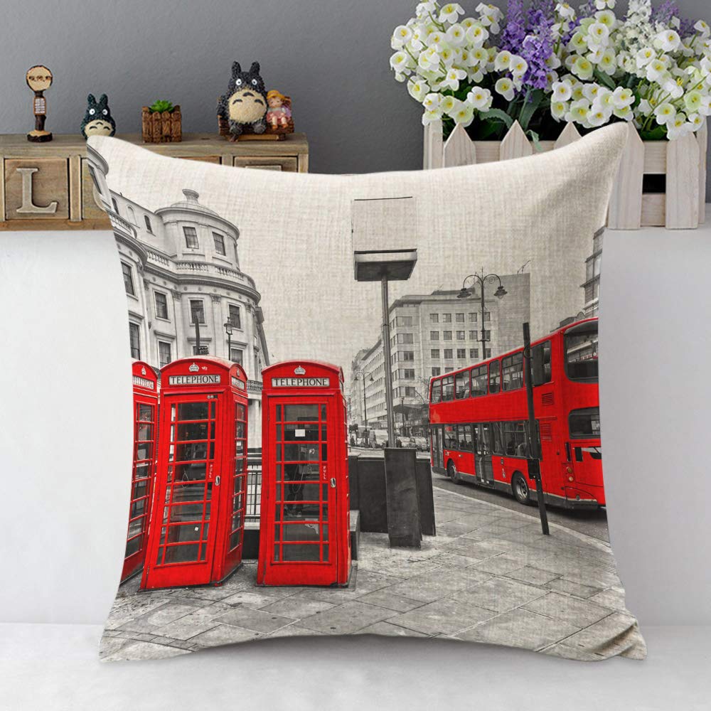 London City Themed Throw Pillow Cover - Double Decker Bus & Telephone Box Design in Red, Grey, Black & White - 18x18 Inch Decorative Cotton Linen Square Cushion Cover for Sofa, Bed, Couch - Perfect for Home Decor, Living Room, Office & Gift Giving