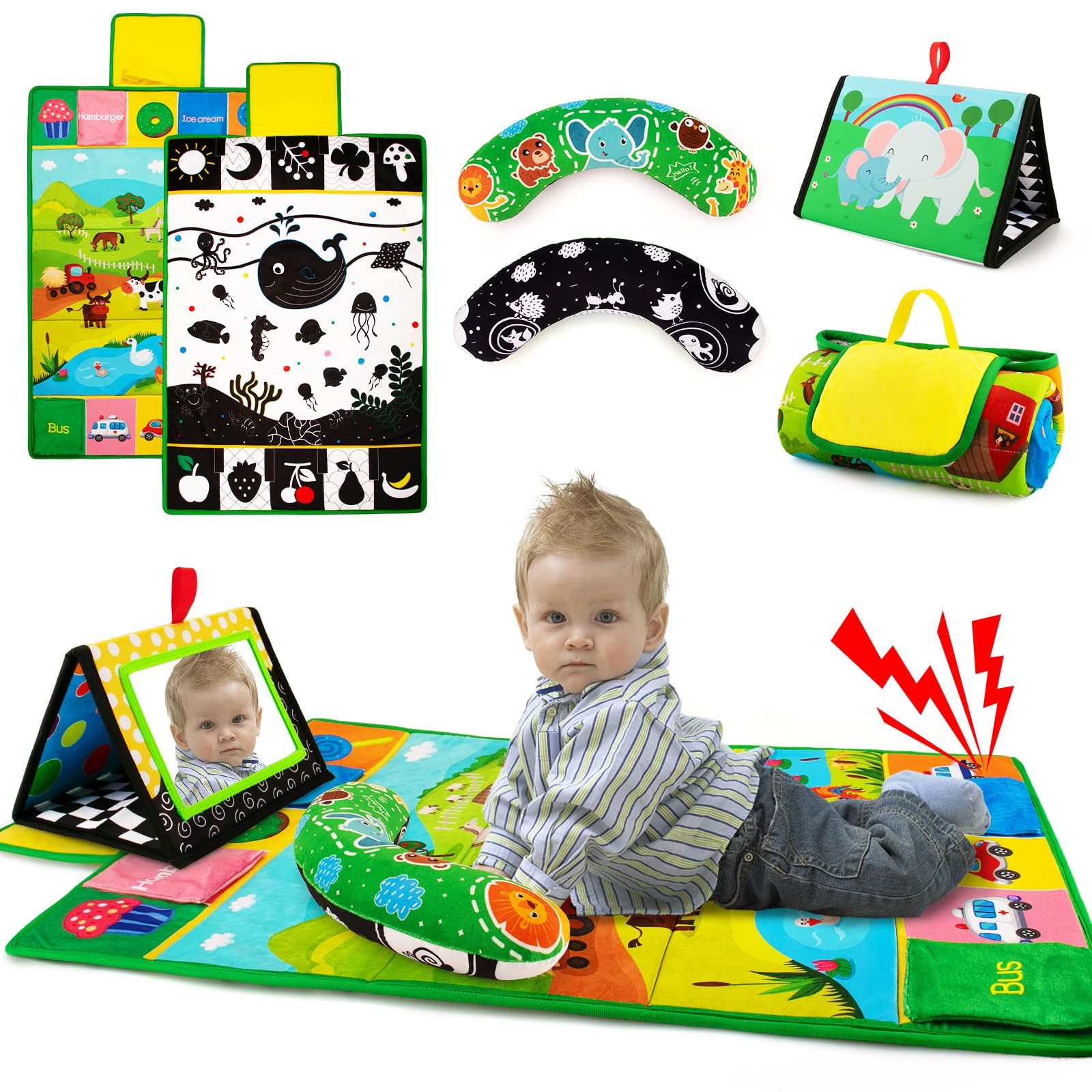3-in-1 Baby Tummy Time Mirror Play Mat & Pillow - High Contrast Black White Toys for 0-12 Months - Perfect for Early Learning & Sensory Play