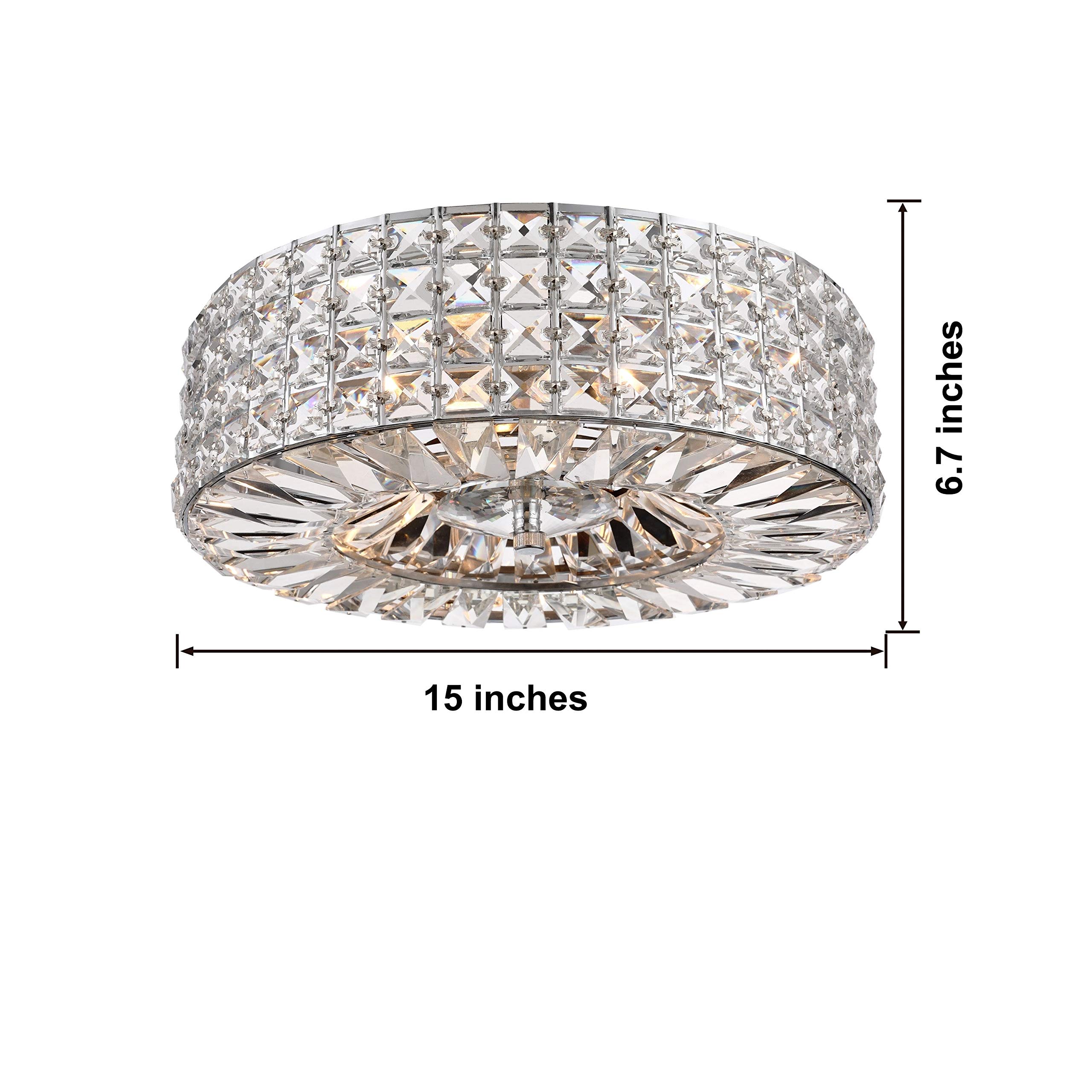 Modern Chrome Finish 3-Light Crystal & Prism Round Flush Mount Ceiling Light - Clear Contemporary Iron Fixture for Dining Room, Bedroom or Hallway Lighting