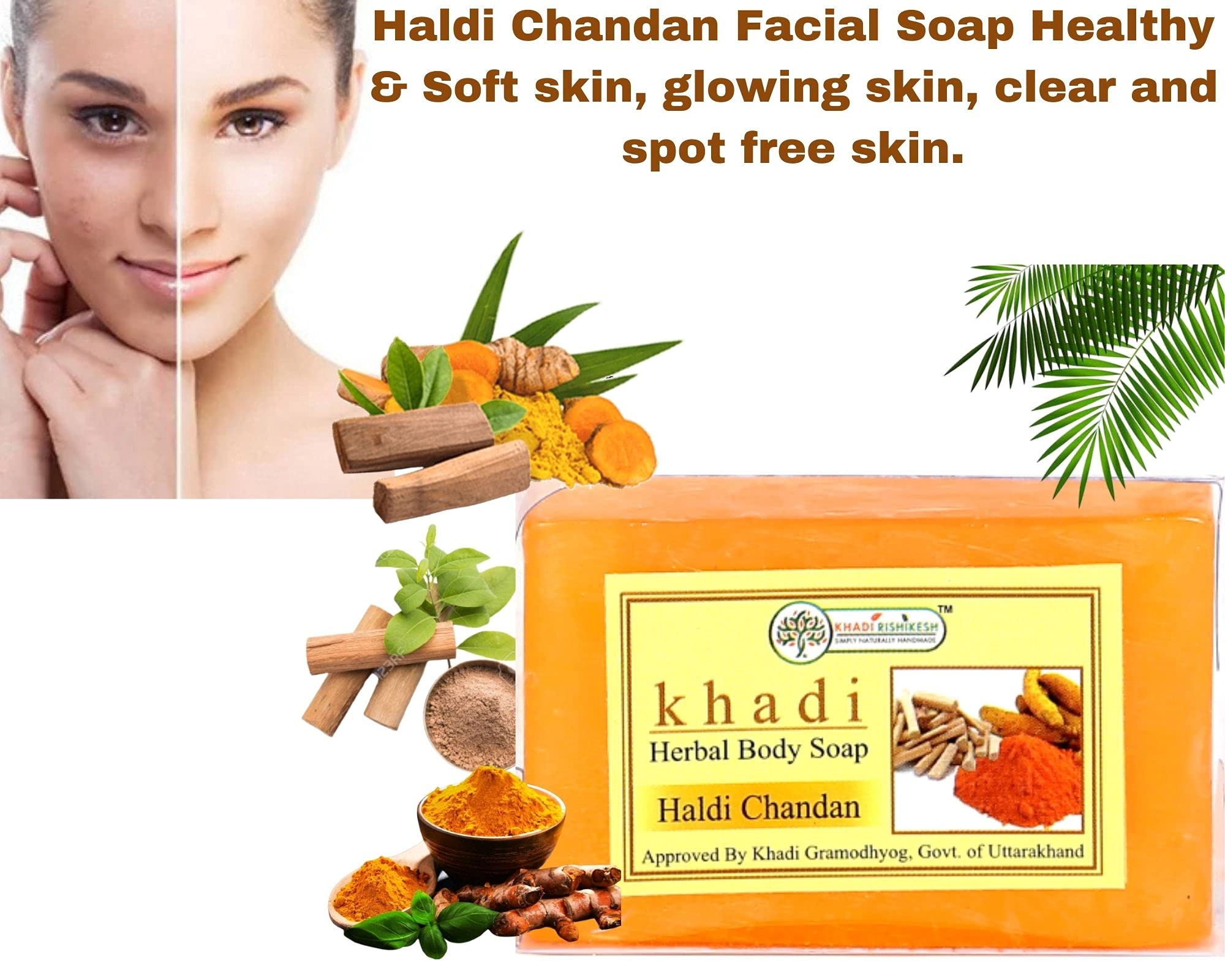 Khadi Rishikesh Herbal Handmade Turmeric Sandalwood Bath Soap - Skin Brightening, Tan Removal & Glow | Exfoliates Dead Cells, Fights Pimples | Youthful Complexion | 125g x 2 Bars with Free Bath Loofah Sponge | Perfect for Summer & Winter Skincare - Spa, Daily Shower & Gift