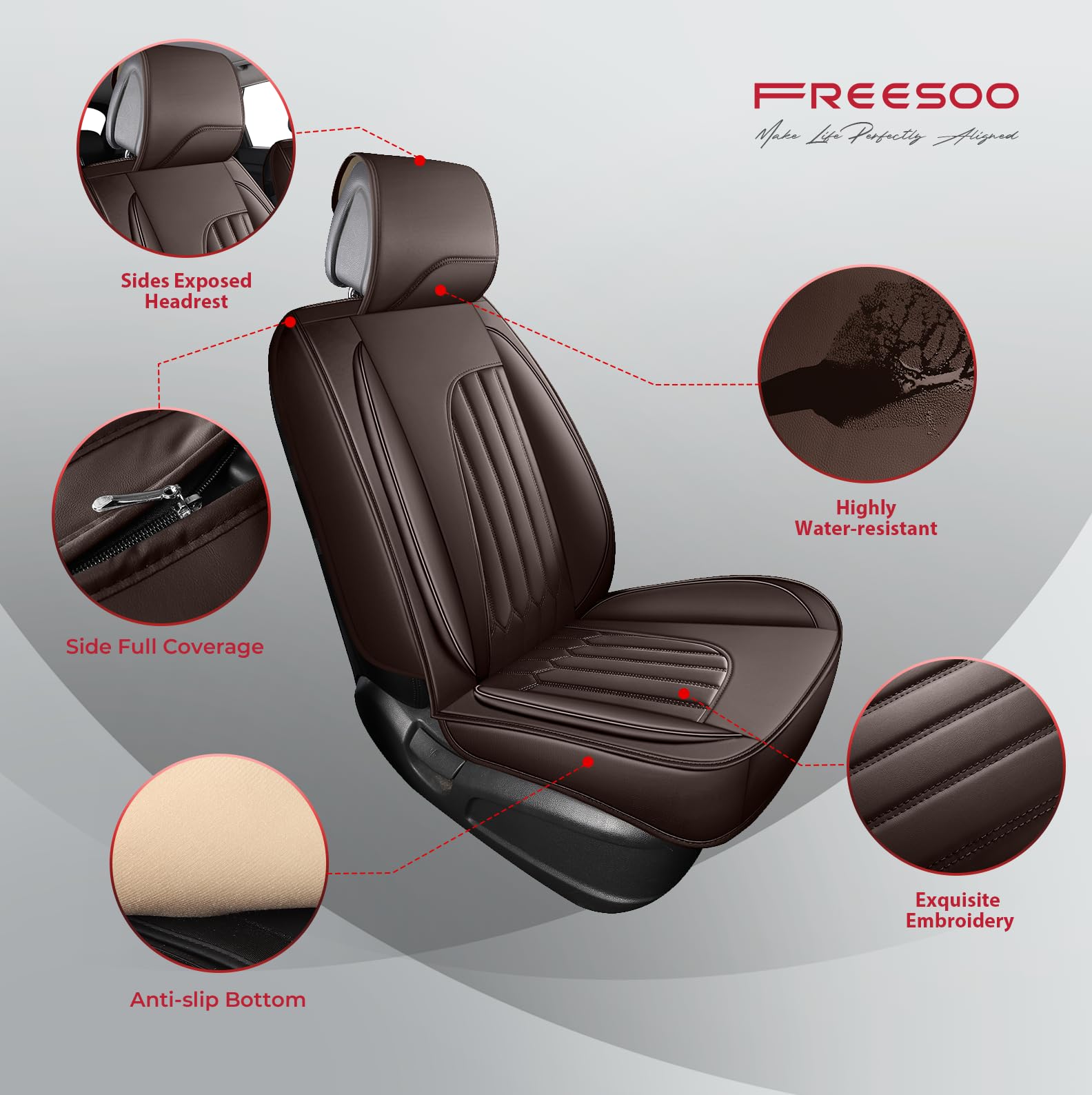 Premium Faux Leather Car Seat Covers Full Set - Universal Waterproof Seat Protectors for Sedan, SUV & Pickup Trucks - Coffee Color - Perfect for Daily Commute, Road Trips & Family Travel