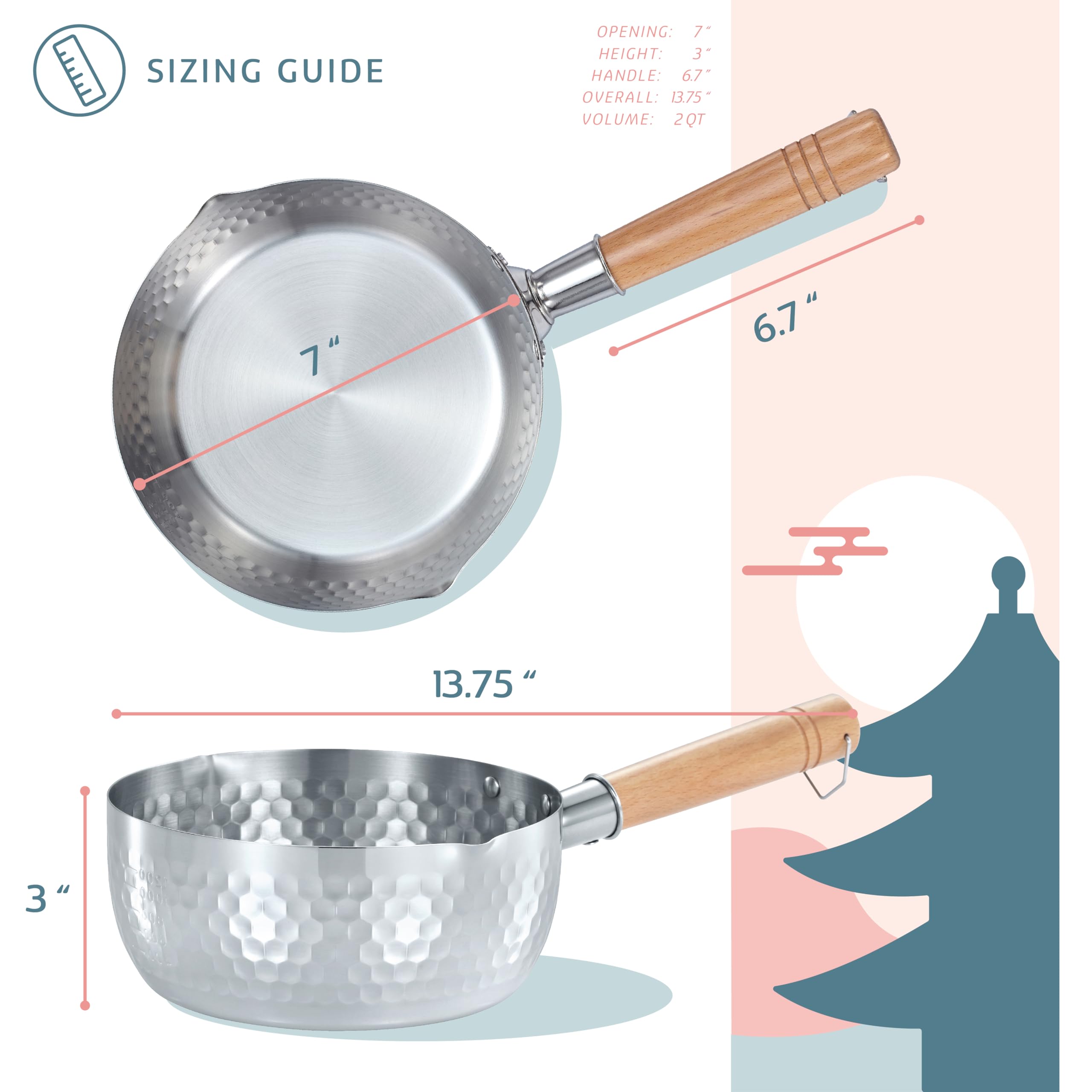 CONCORD 2 Quart Stainless Steel Yukihira Pan - Traditional Japanese Saucepan with Wooden Handle for Ramen, Tempura & Milk - Perfect for Home Cooking, Restaurant Use & Japanese Cuisine Preparation