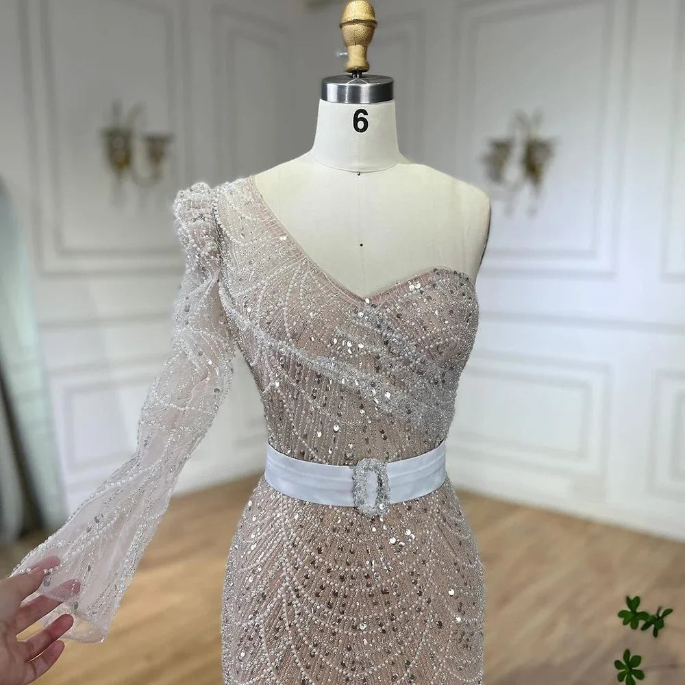 Elegant White One Shoulder Mermaid Evening Gown with Beaded Details - Luxury Formal Dress for Women - Perfect for Weddings, Galas & Special Occasions