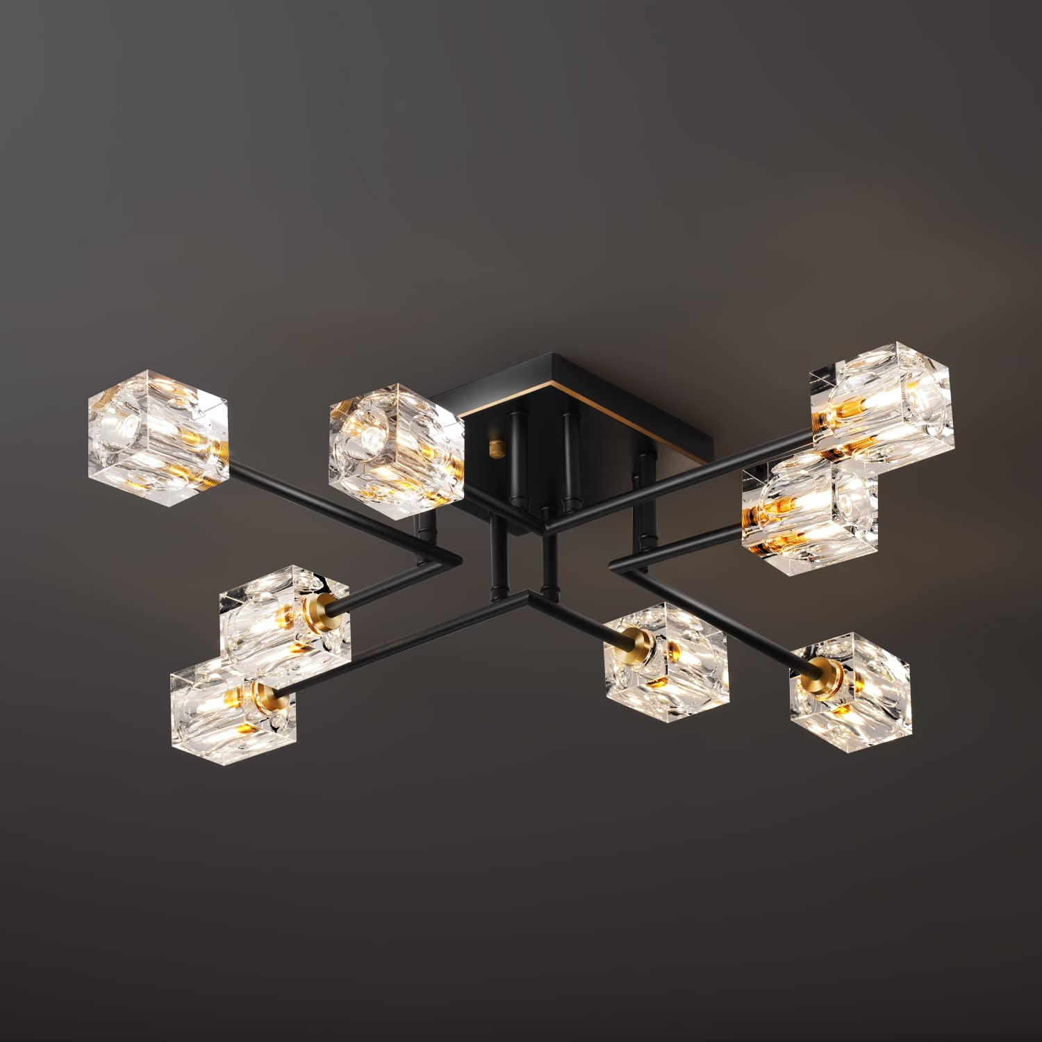 8-Lights Semi Flush Mount Ceiling Light Fixture - Black and Gold Modern Crystal Chandelier - Farmhouse Lighting for Dining Room, Living Room, Kitchen, Bedroom, Entryway - Perfect for Home Decor, Wedding Venues & Restaurants