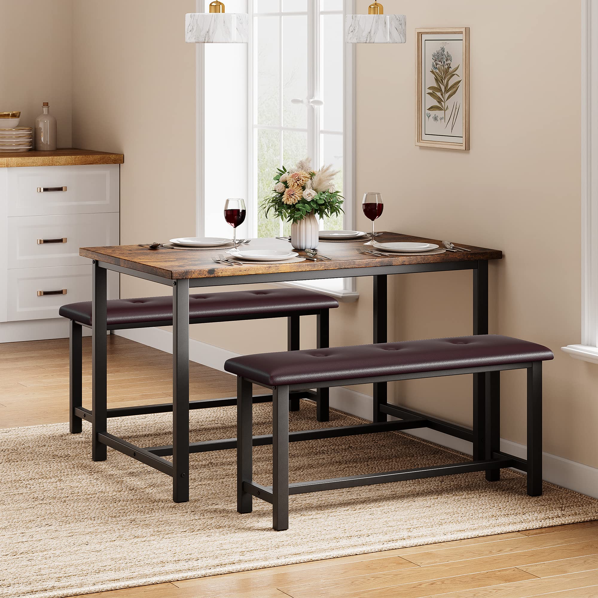 Alkmaar Retro Brown Kitchen Table Set with 2 Upholstered Benches for 4, Metal and Wood Rectangular Dining Table for Small Spaces, Apartments, Perfect for Cozy Breakfasts and Intimate Dinners