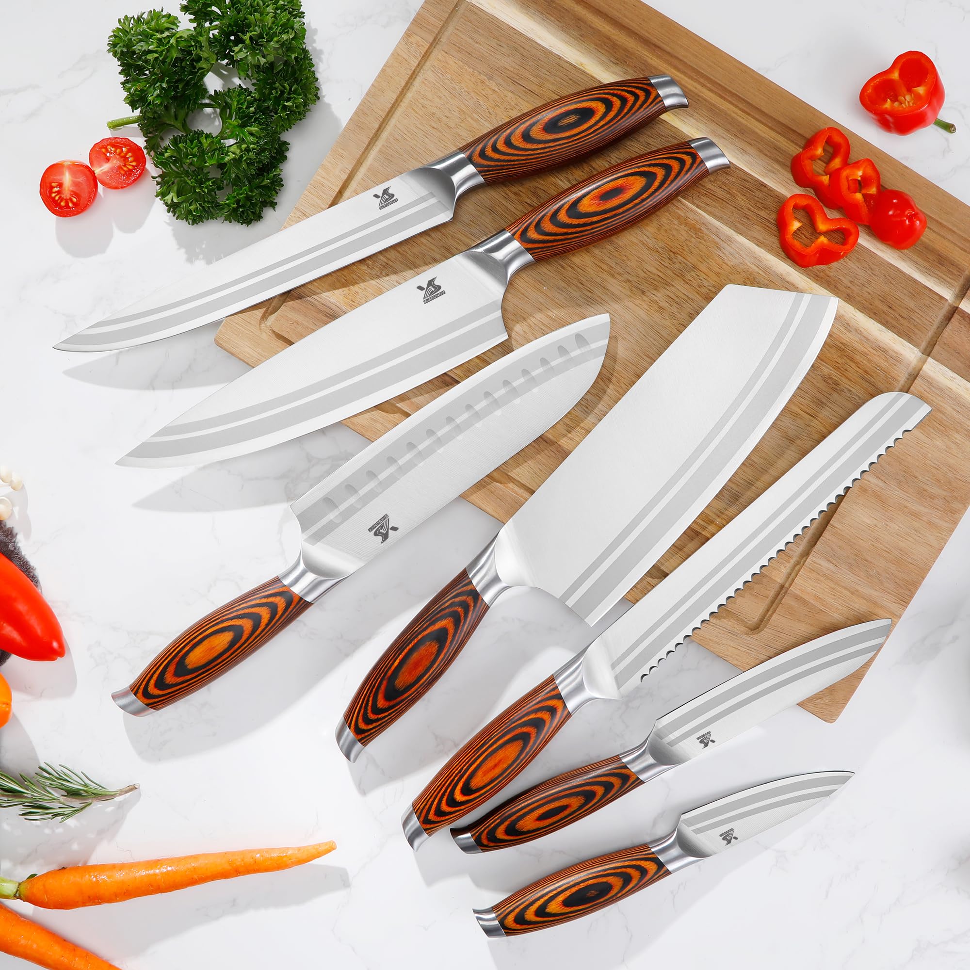 MSY BIGSUNNY 7-Piece Professional Kitchen Knife Set - German Stainless Steel Chef Knives with Pakkawood Handle - Sharp Cutlery Set for Cooking, Slicing & Dicing - Ideal Gift for Home Chefs & Culinary Enthusiasts
