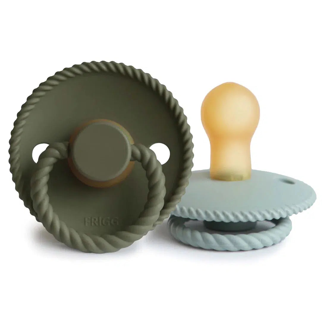 Mushie FRIGG Natural Rubber Rope Pacifier 2 Pack - Olive & Sage - BPA-Free Baby Soothers for Newborns & Infants - Perfect for Daycare, Travel & Sleep Comfort