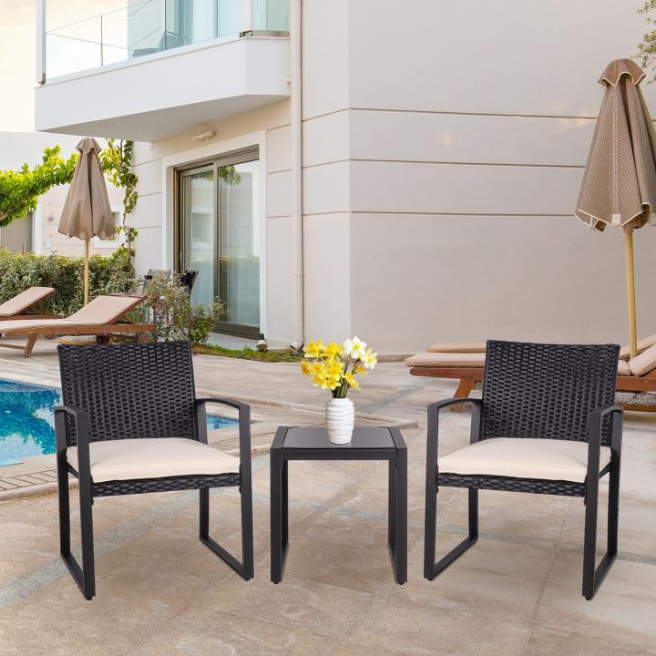 Modern Black Wicker Patio Furniture Set - 3 Piece Outdoor Bistro Set with Rattan Chairs & Coffee Table for Yard, Porch, Poolside - Durable Beige Wicker Conversation Set for Garden, Deck, and Backyard Relaxation