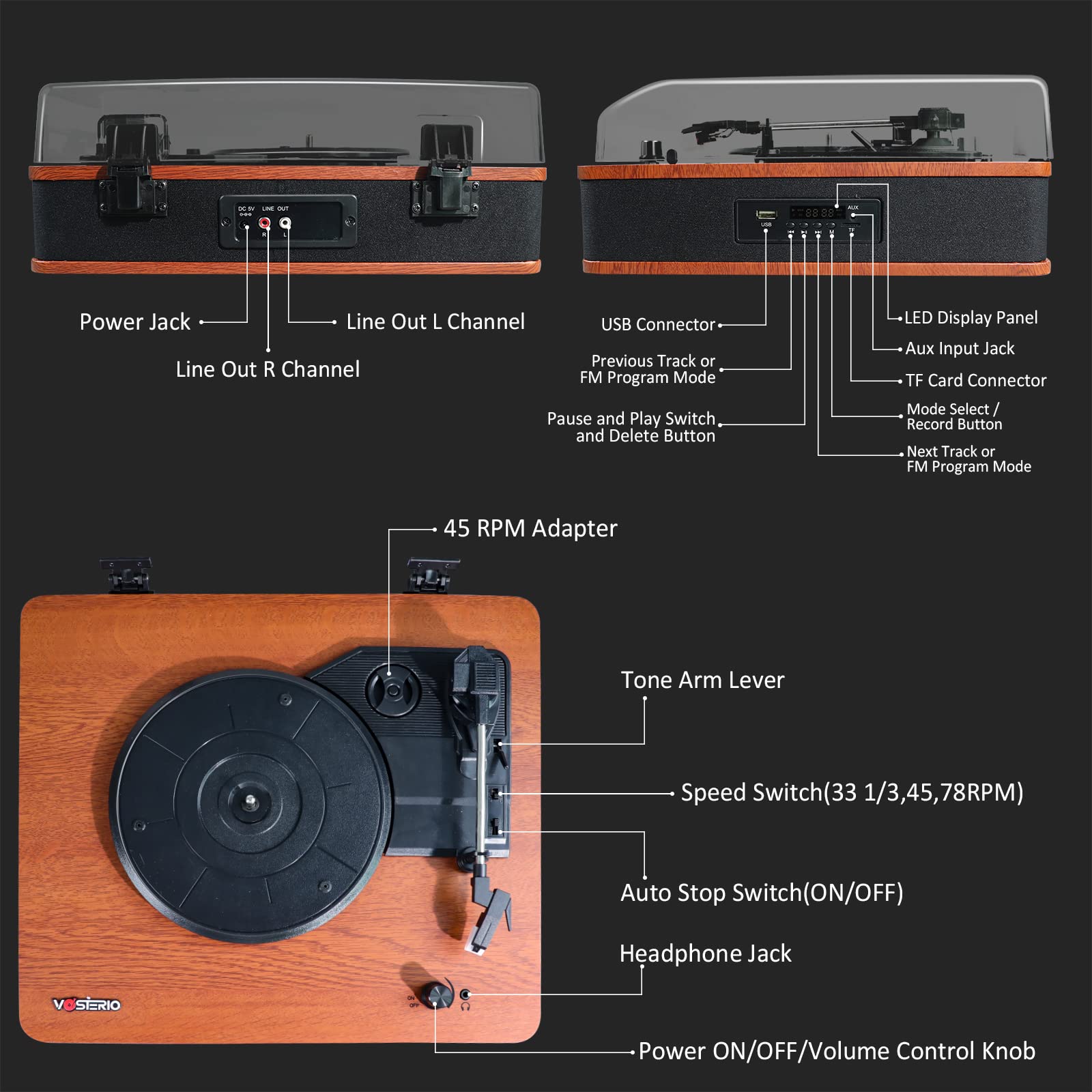 VOSTERIO Bluetooth Record Player - Wireless Turntable with Built-in Speakers, USB/TF Card Playback & Recording, FM Radio, LED Display - Perfect for Home Entertainment, Vinyl Collection & Retro Music Lovers