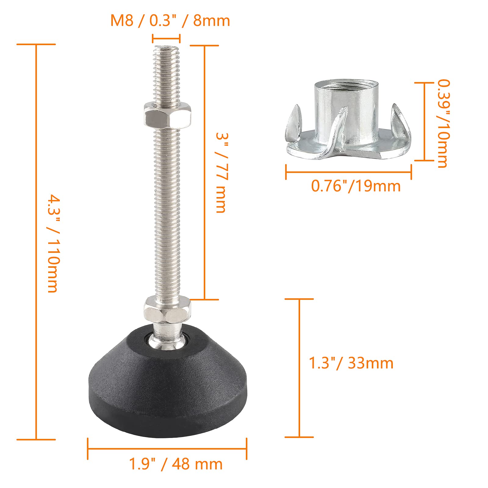 4 Pcs Adjustable Leveling Feet - Swivel Furniture Levelers with M8 Thread (1.9