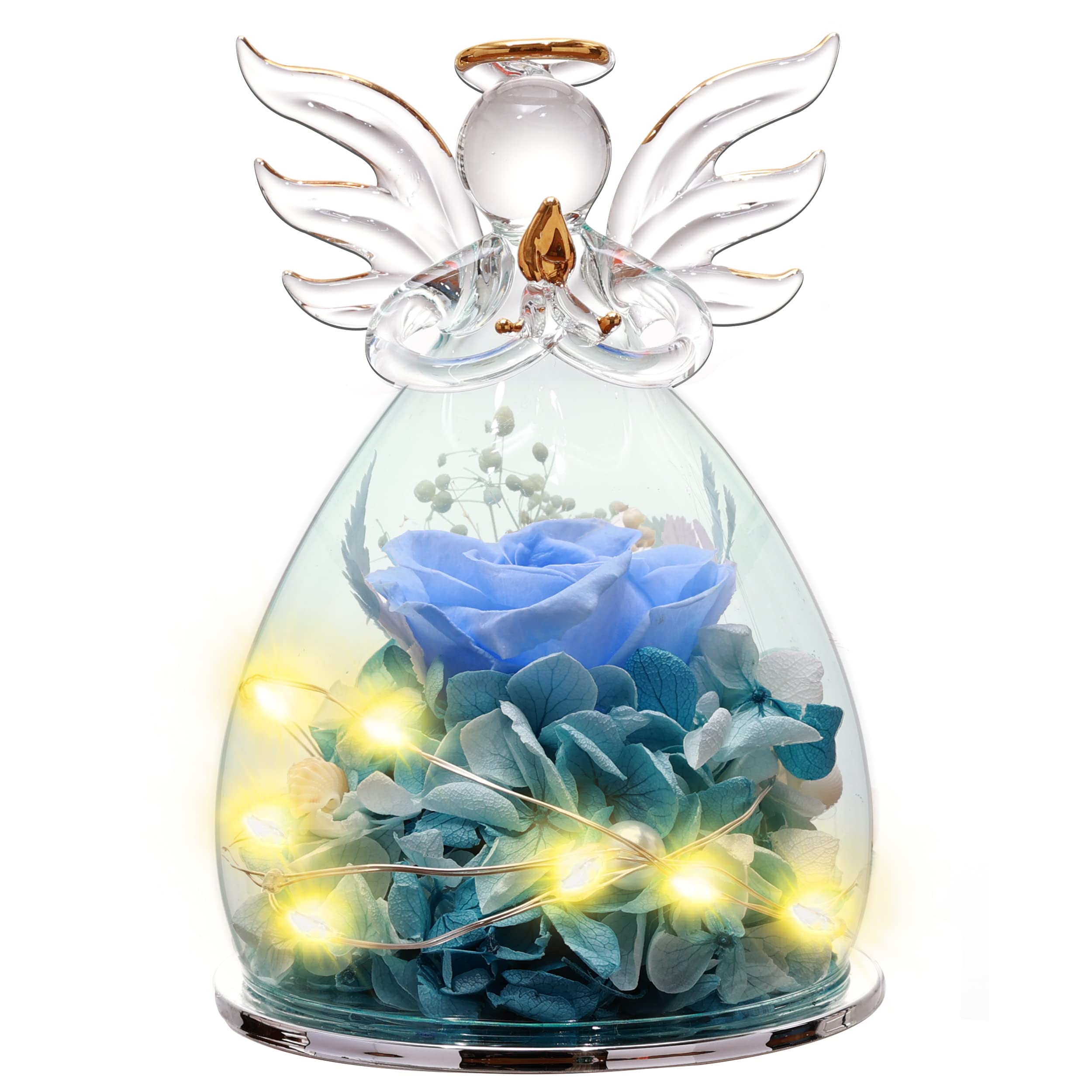 ANLUNOB Blue Rose in Angel Glass Cover with LED Light - Mother's Day, Birthday, Valentine's, Anniversary & Wedding Gift for Women, Grandma - Perfect for Home Decor, Romantic Surprises & Special Occasions