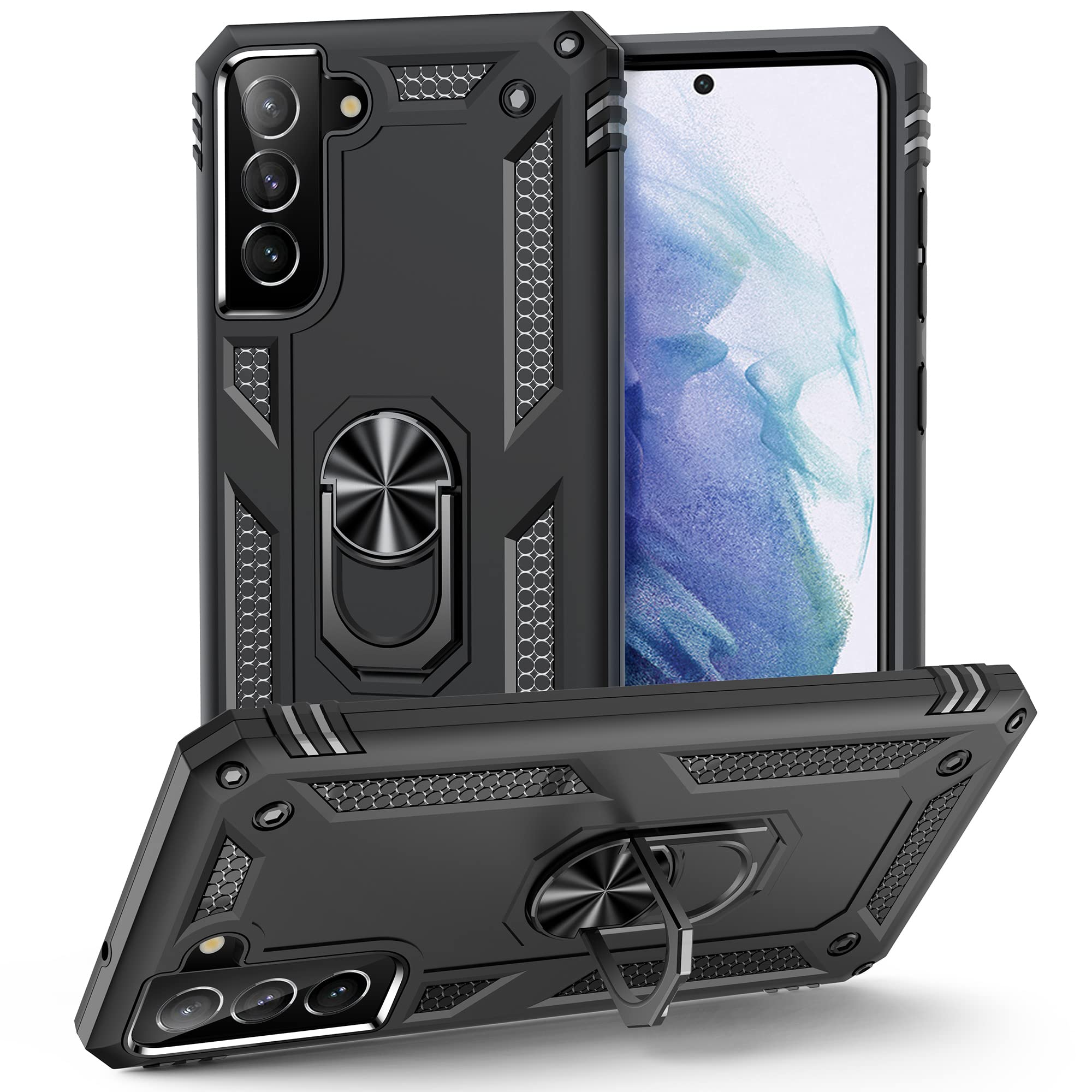 Samsung Galaxy S21 FE 5G Case - Military Grade Drop Protection, Built-in Kickstand & Car Mount Ring | Shockproof Anti-Scratch Hard PC + Soft Silicone Cover (Black) | Perfect for Daily Use, Travel & Outdoor Activities