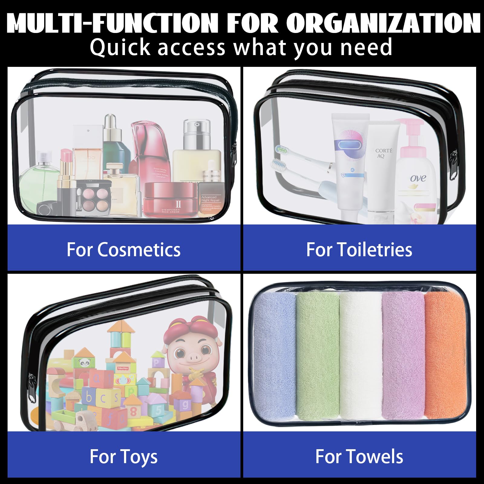 16 Pack Clear Makeup Bags - Waterproof TSA Approved Travel Toiletry Organizer with Zipper - Vinyl Plastic Cosmetic Storage Pouch for Men & Women (Black, Large) - Perfect for Air Travel, Gym Essentials & Bathroom Organization
