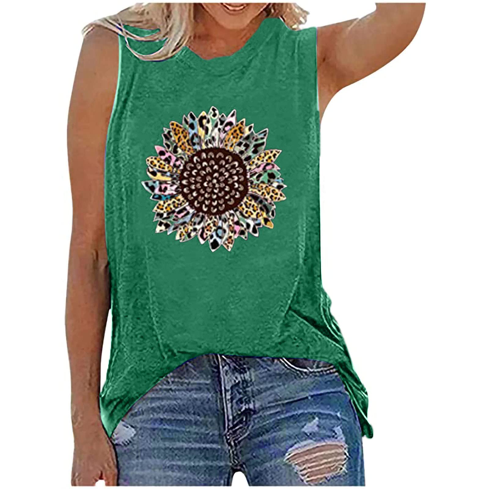 Plus Size Sunflower Print Women's Tank Top - Flowy Tunic Style Summer Fashion Top for Casual Wear, Beach Outfits & Vacation Essentials