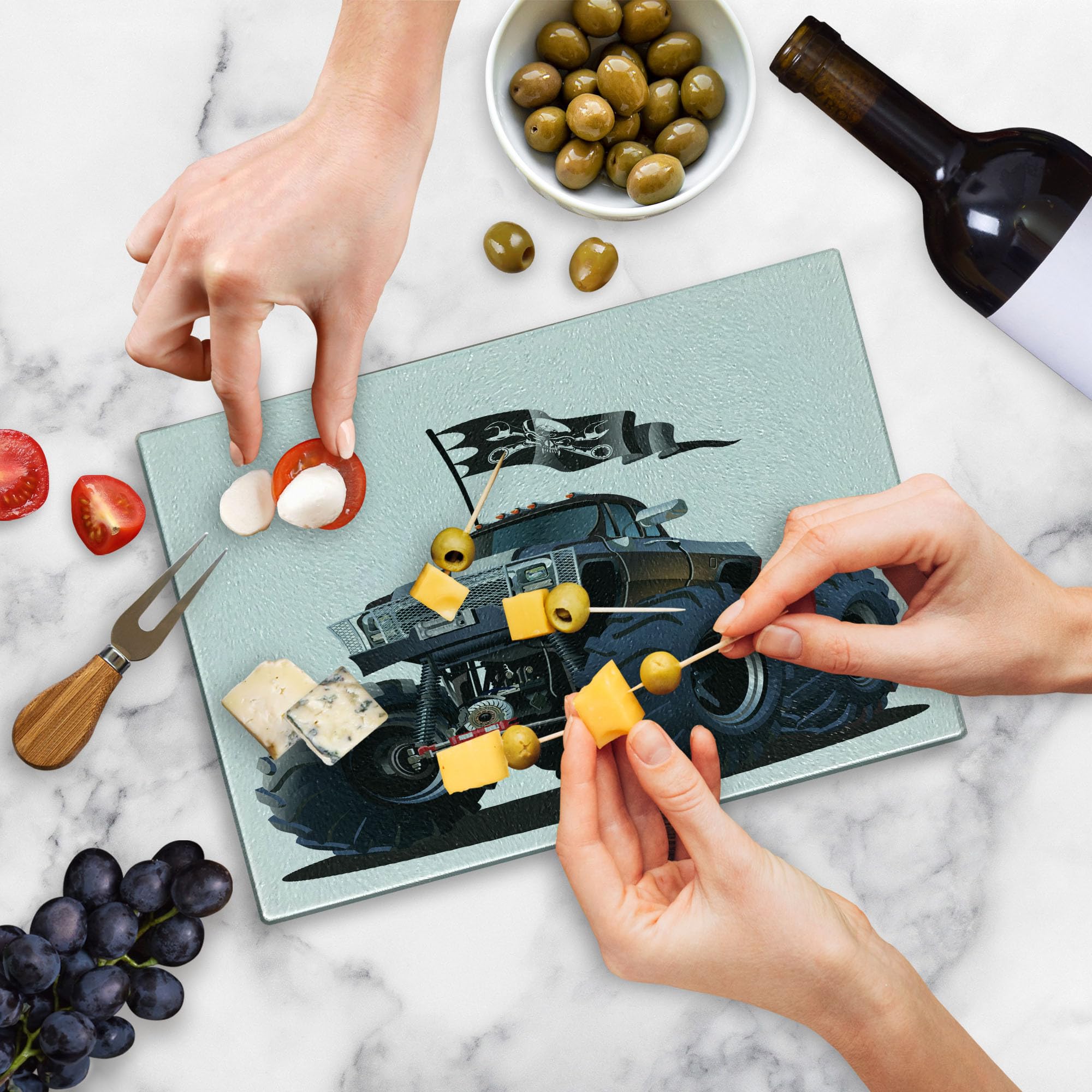 Ambesonne Cars Themed Cutting Board - Large Tempered Glass Serving Board with Monster Truck, Skull & Pirate Flag Design - Cadet Blue & White - Perfect for Kitchen Decor, Party Serving & Unique Gifts