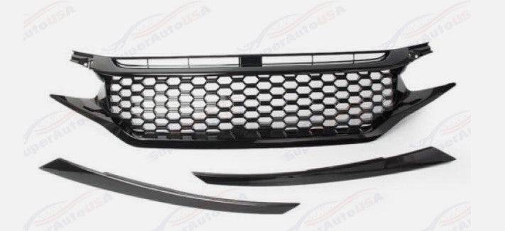 2016-2018 Honda Civic Coupe/Sedan Front Grille with Eyelids - Glossy Black Mesh Style Replacement Grill Set for Enhanced Style & Aerodynamics | Perfect for Car Modifications & Show Events