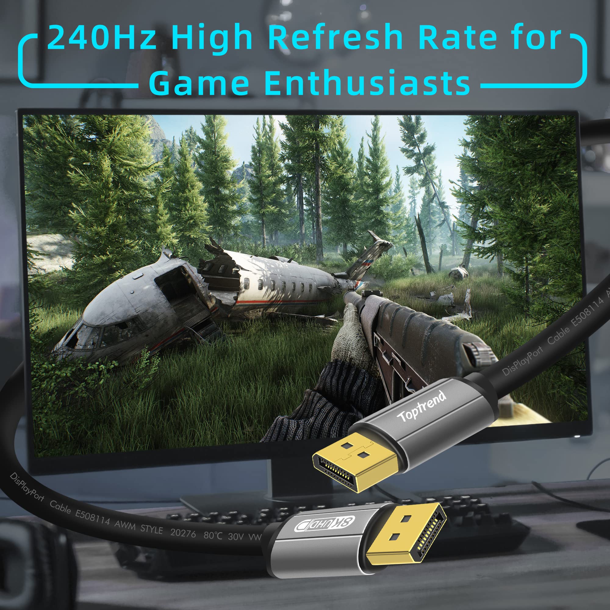 Toptrend 8K DisplayPort Cable 1.4 - 3ft DP Cable Supports 8K@60Hz, 4K@144Hz, 1080p@240Hz, HBR3, 32.4Gbps, HDR, HDCP 2.2 - Compatible with Gaming Monitors, HDTV, Laptop, PC - Ideal for High-Resolution Gaming & 4K/8K Video Streaming