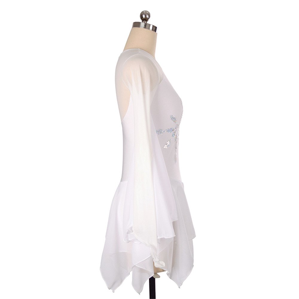 Girls & Ladies Ice Figure Skating Dress - Long Sleeve Beaded Roller Skating Costume with Wing Design (White) - Perfect for Competitions, Performances & Ice Shows