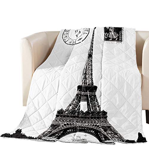 Vintage Paris Eiffel Tower Black White Quilted Bedspread - Queen Size Cotton Filled Coverlet for Bed, Couch & Sofa | Soft Premium Comforter for Cozy Bedroom, Living Room & Guest Room Decor