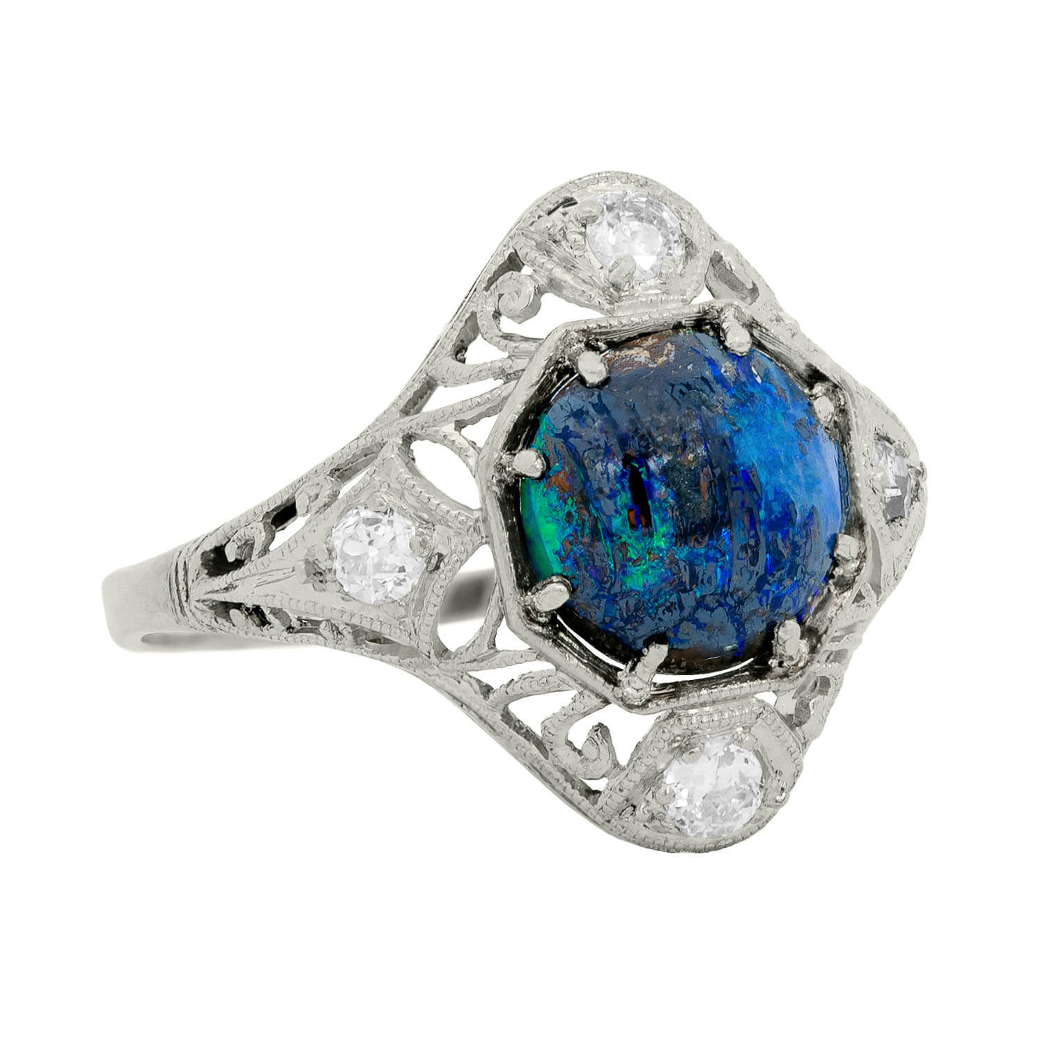 Exquisite Art Nouveau Platinum Opal & Diamond Filigree Ring – Vintage Jewelry for Weddings, Anniversaries & Special Occasions