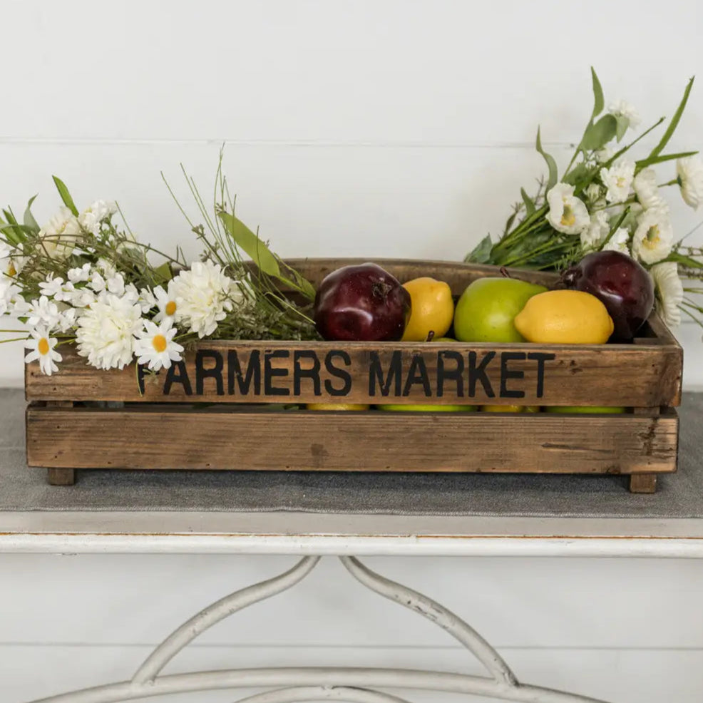 Farmers Market Wood Crate With Handle - Rustic Wooden Storage Basket for Fruits, Vegetables & Groceries - Perfect for Farmers Market, Kitchen & Home Decor