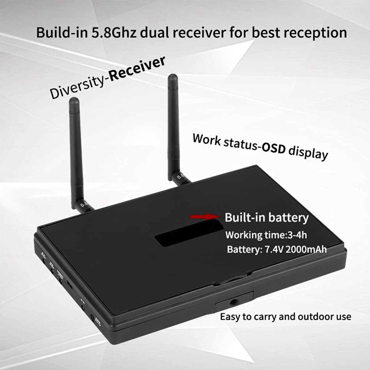 SoloGood 5.8Ghz 7 Inch FPV Monitor with DVR - 40 Channels 800x480 LCD Screen Receiver with Built-in Battery for FPV Drones, Quadcopters, RC Cars | Perfect for Aerial Photography, Racing, and Remote Control Hobbies