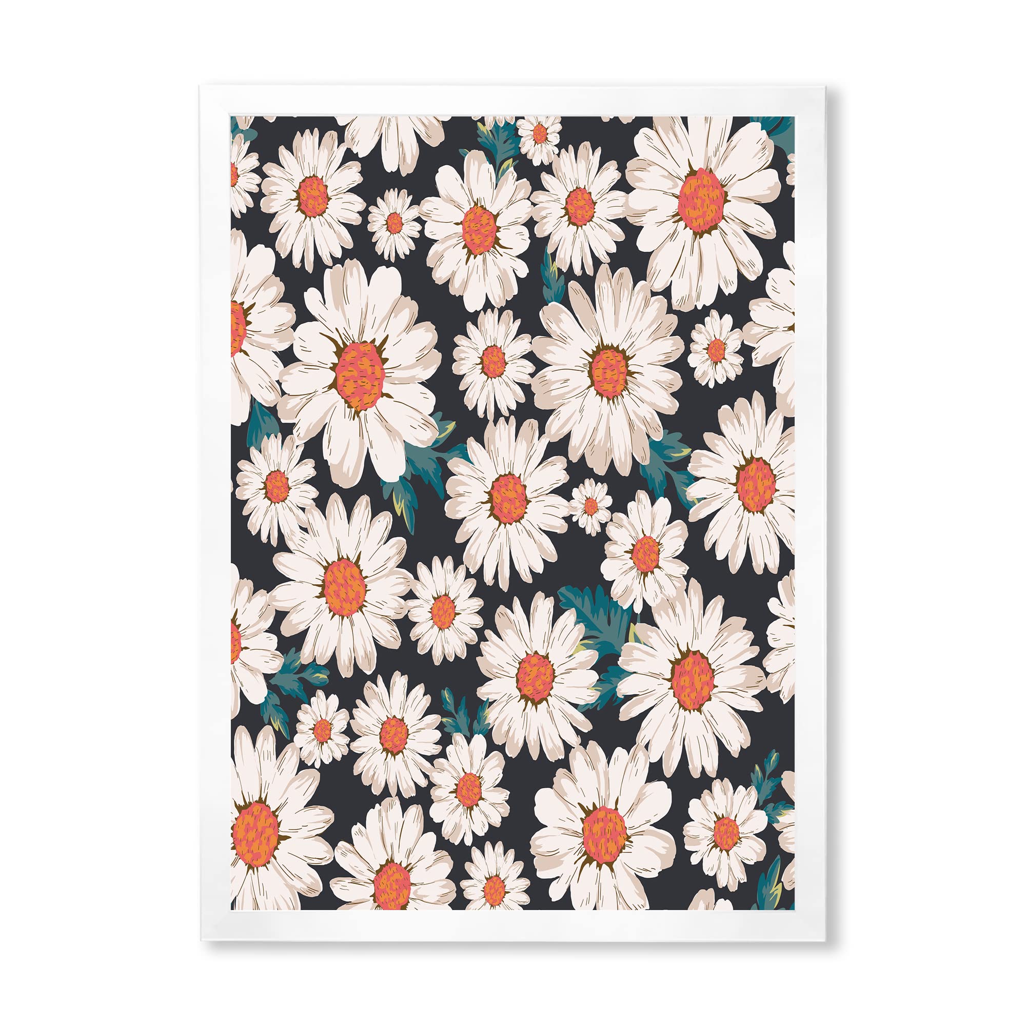 DesignQ Traditional Framed Wall Art - White Daisy Flowers Painting for Home Decor | Perfect for Living Room, Bedroom & Office Wall Decoration