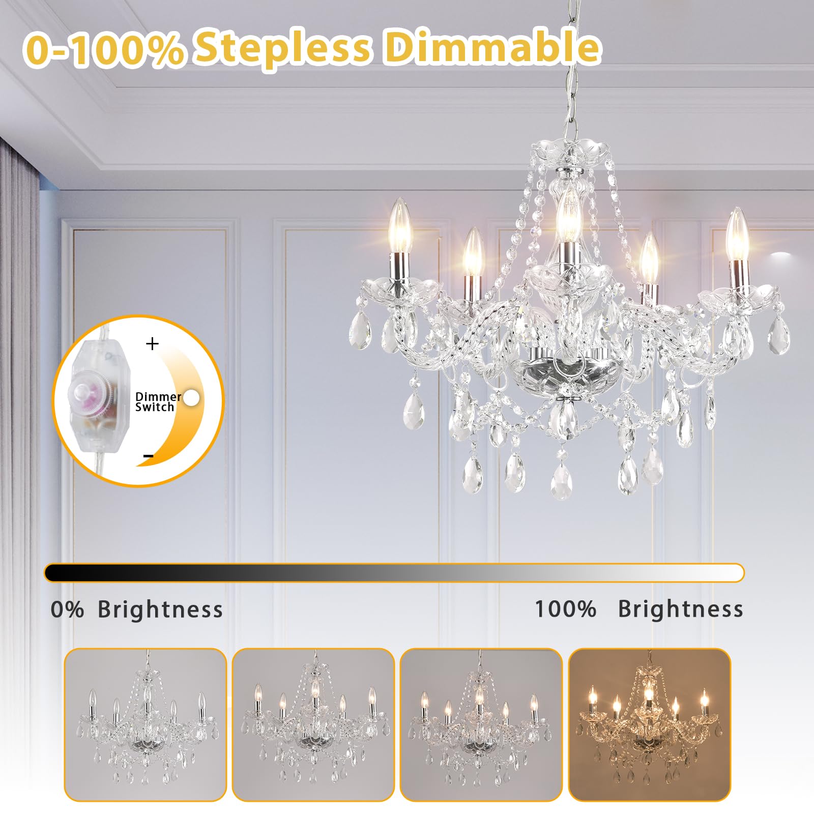 Dimmable 5-Light Crystal Chandelier with Plug-in Cord - Modern Chrome Candle Style Swag Pendant Light with K9 Glass Beads for Dining Room, Living Room, Bedroom | Elegant Ceiling Lighting Fixture for Home Decor, Wedding, Restaurant & Special Occasions