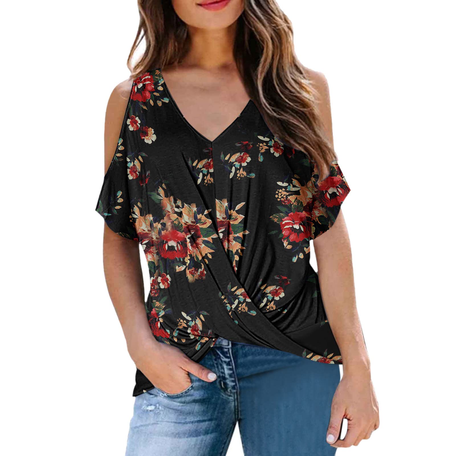 Women's Spring & Summer Casual Tops - Cold Shoulder Short Sleeve V-Neck Blouse with Front Twist Knot | Perfect for Office Wear, Date Night & Weekend Outings