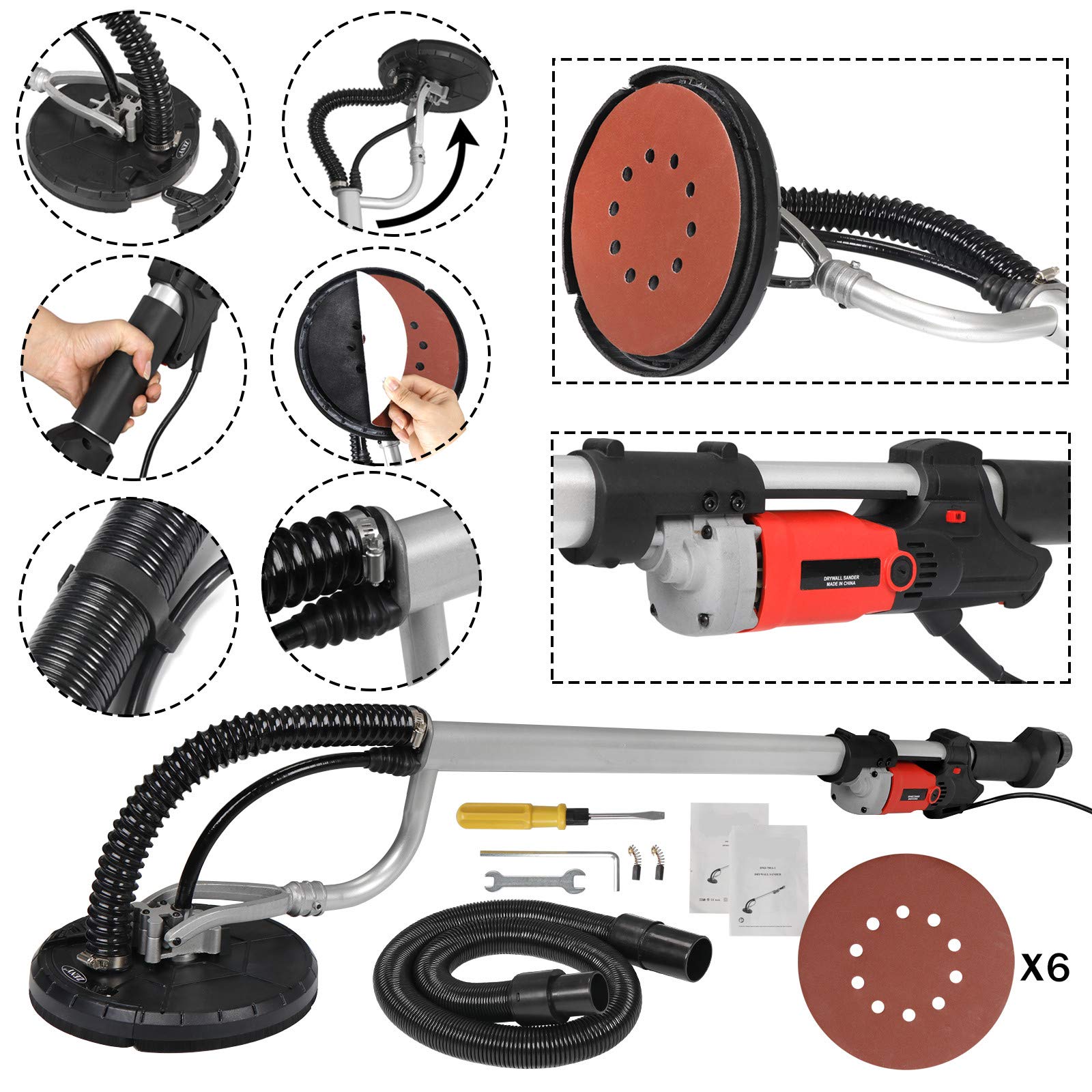 Electric Drywall Sander with Vacuum - 6 Variable Speed & Foldable Design, Includes 6 Sanding Pads for Smooth Wall Finishing - Perfect for Home Renovation, DIY Projects & Professional Construction Work