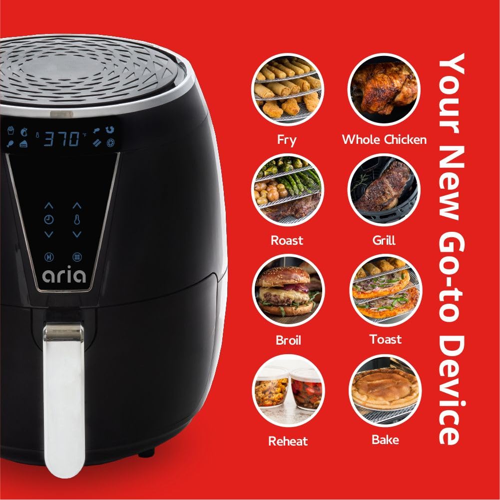 Aria 5 Quart Air Fryer with Non-Stick Ceramic Coating - Large Basket, Touchscreen Display, Auto Shutoff - BPA & Teflon Free, Dishwasher Safe - Includes Free Cookbook (Black) - Perfect for Healthy Frying, Roasting, Baking & Reheating Meals for Families