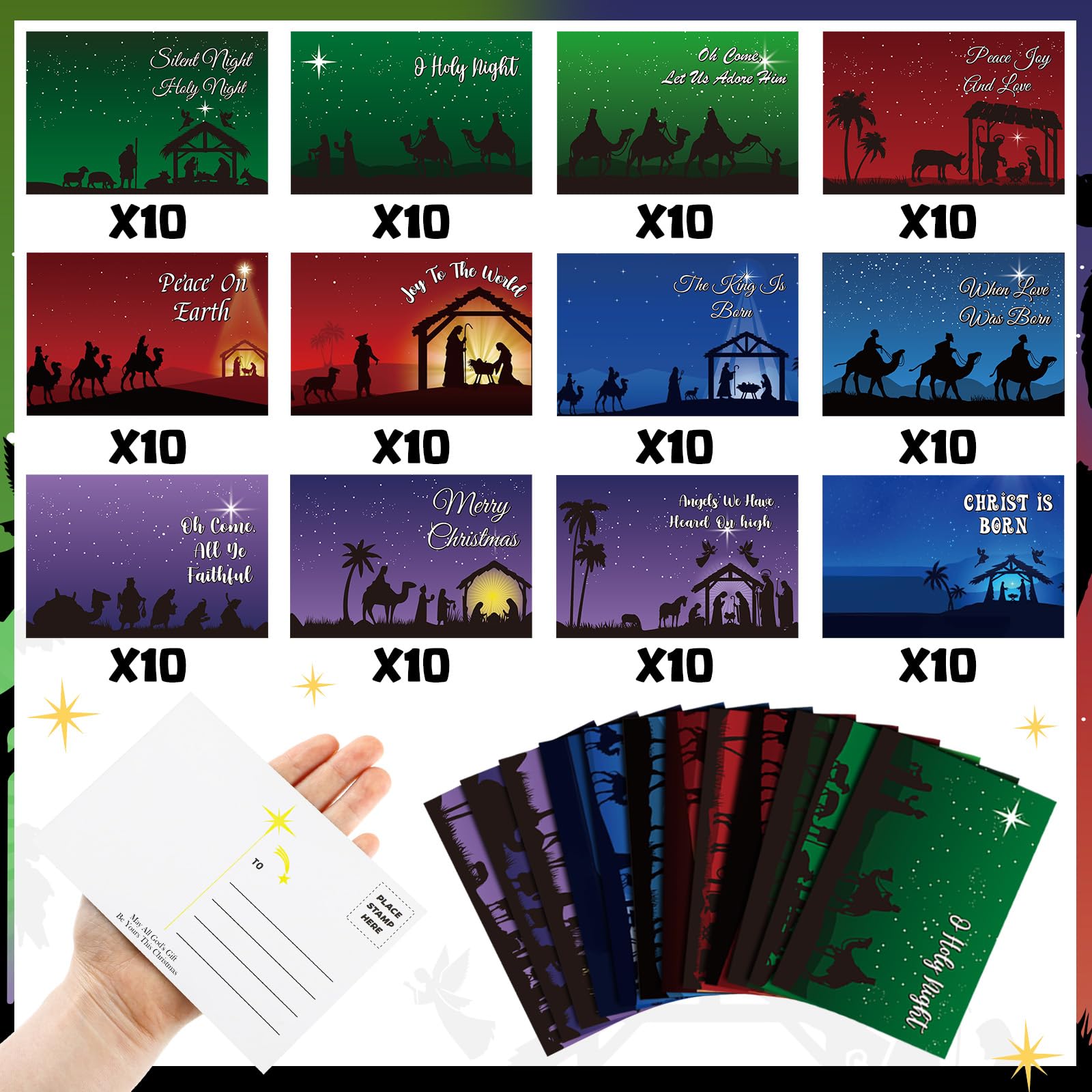 Kosiz 120 Pcs Nativity Christmas Cards - 4x6 Inch Blank Postcards & Greeting Cards (12 Assorted Designs) - Perfect for Holiday Gifts, Party Invitations & Festive Decorations