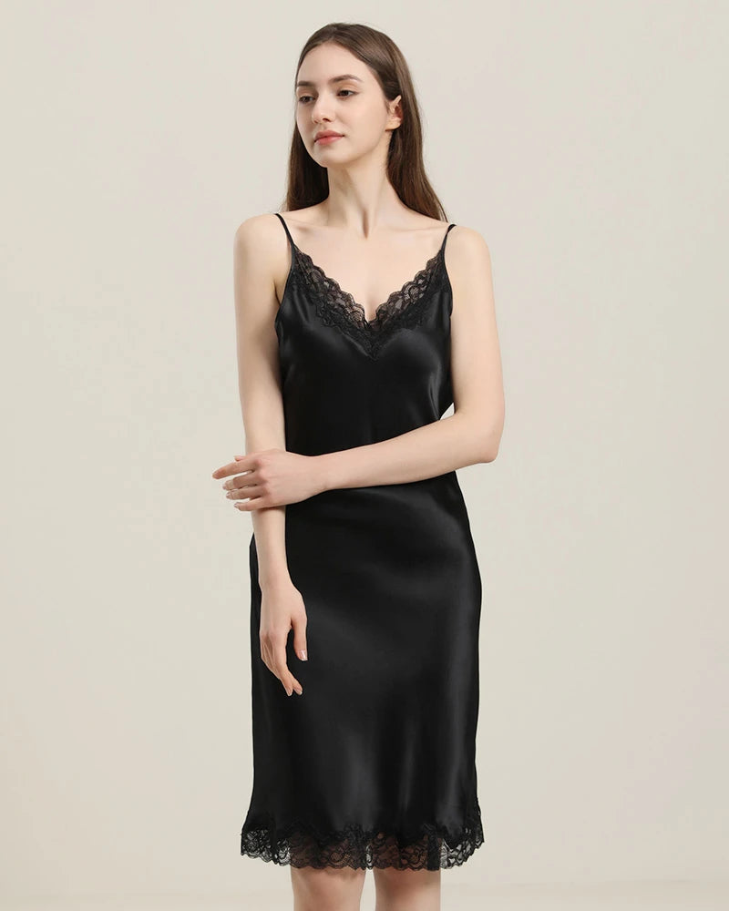 Elegant Silk Nightgown with Delicate Lace Trim - Women's Luxury Sleepwear for Comfortable Nights & Romantic Occasions