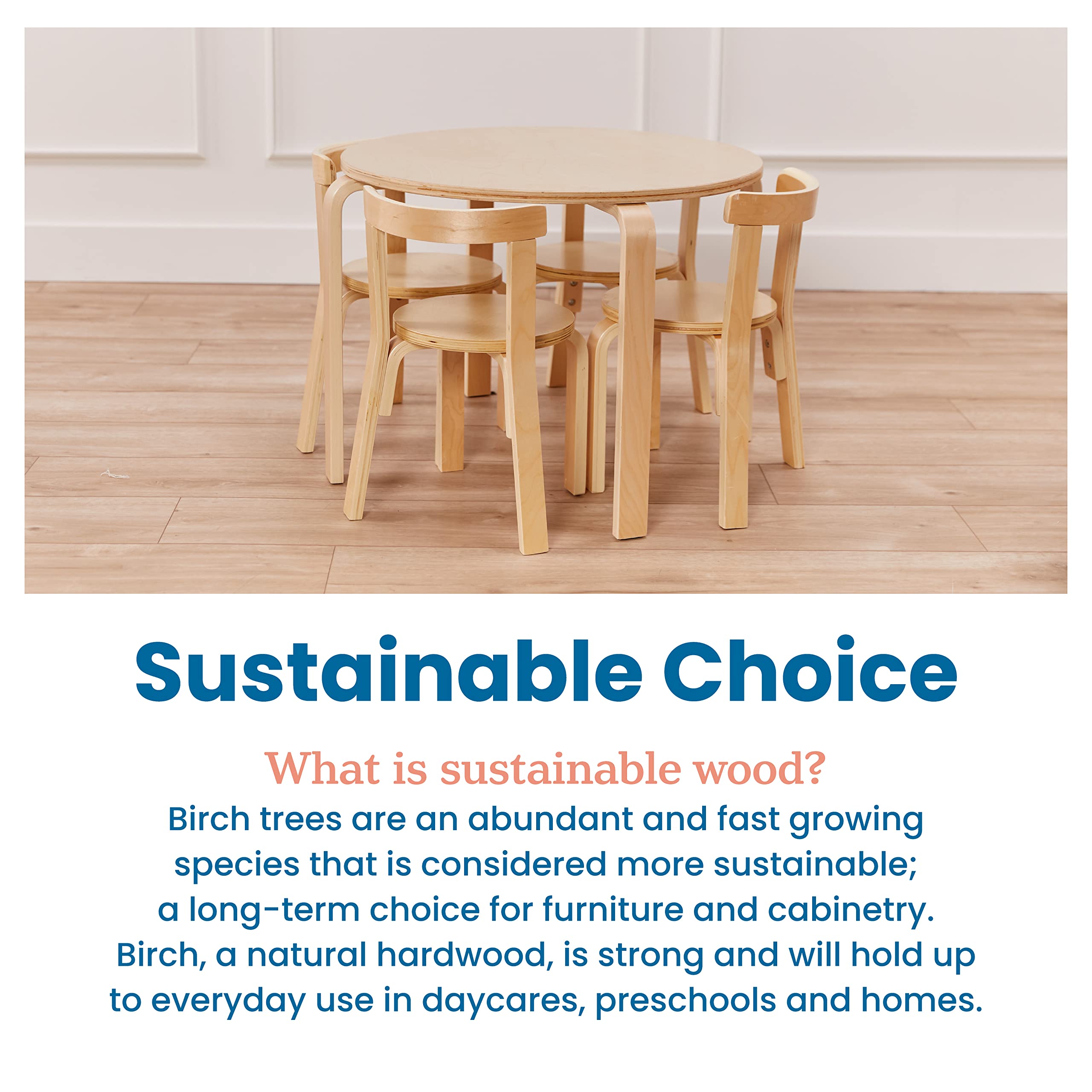 ECR4Kids Natural Bentwood Round Table and Curved Back Chair Set - 5-Piece Kids Furniture for Classroom, Playroom & Homeschool Learning Environment