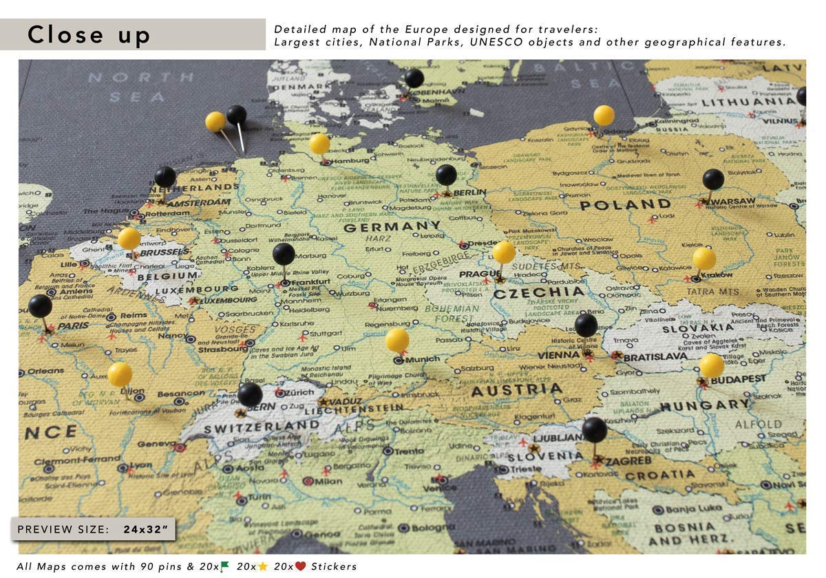 Personalized European Push Pin Travel Map - Detailed Canvas Wall Map for Tracking Adventures & Memories - Perfect for Home Decor, Travel Gifts & Wanderlust Inspiration