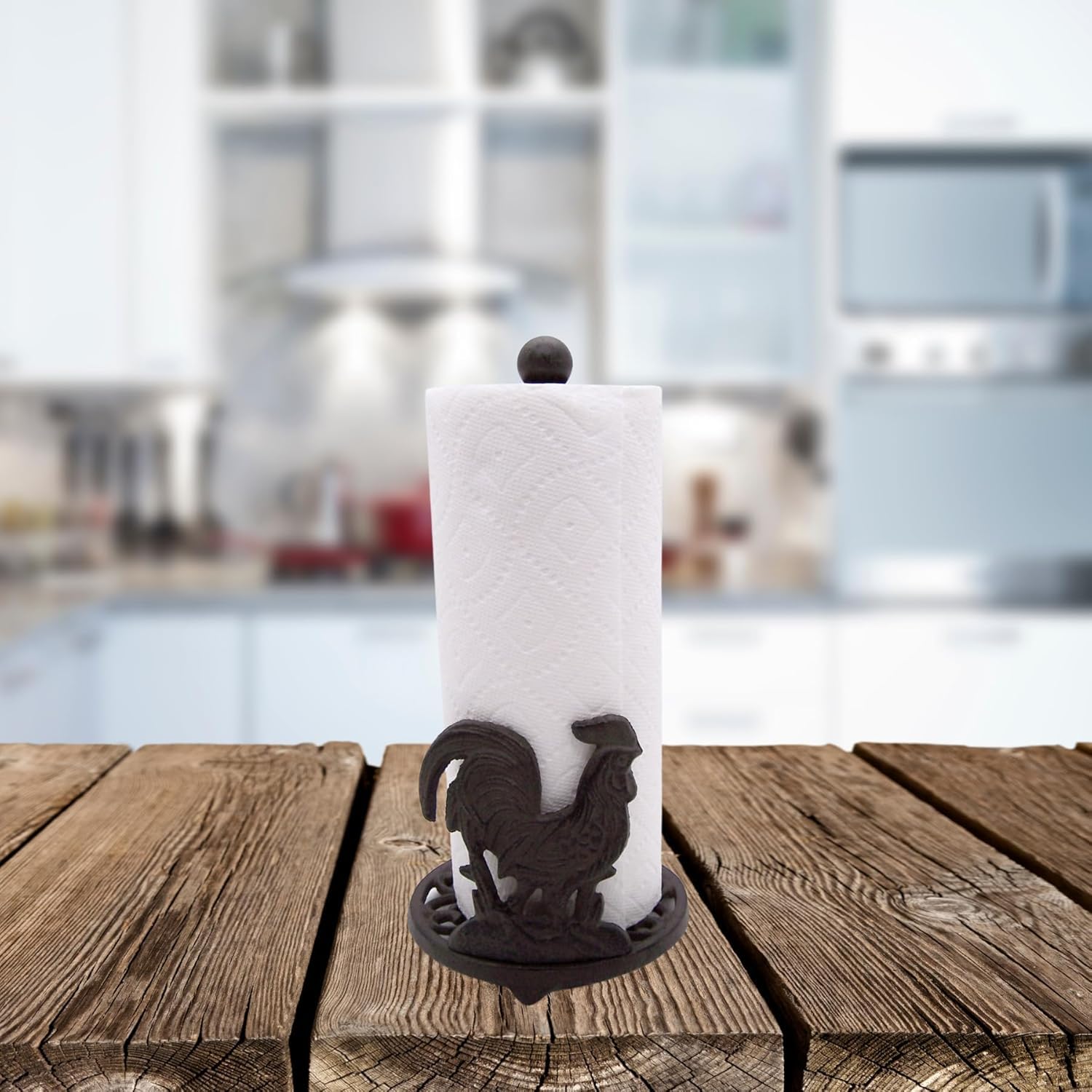 13 Inch Cast Iron Rooster Paper Towel Holder - Rustic Kitchen Decor for Farmhouse & Country Style Homes - Perfect for Kitchen Countertops, Pantries, and Dining Room Storage