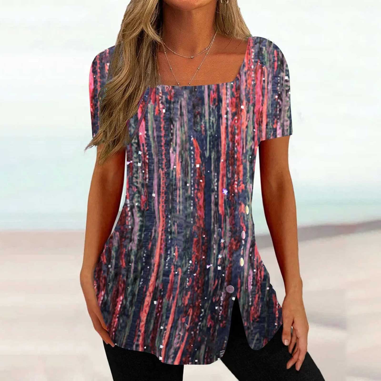 Women's Floral Printed Short Sleeve Square Neck Tunic Top - Casual Work Blouse & Dress Shirt for Office, Business, and Summer Outfits