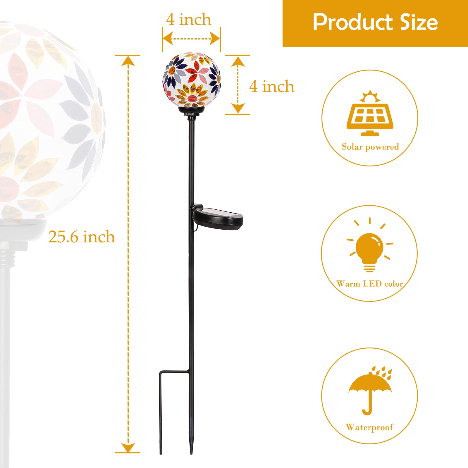 Solar Gazing Ball Mosaic Garden Stakes - Outdoor Solar Lights for Pathway, Yard & Lawn Decoration - Waterproof Flower Decorative Lights (Orange) - Perfect for Garden, Patio & Landscape Lighting