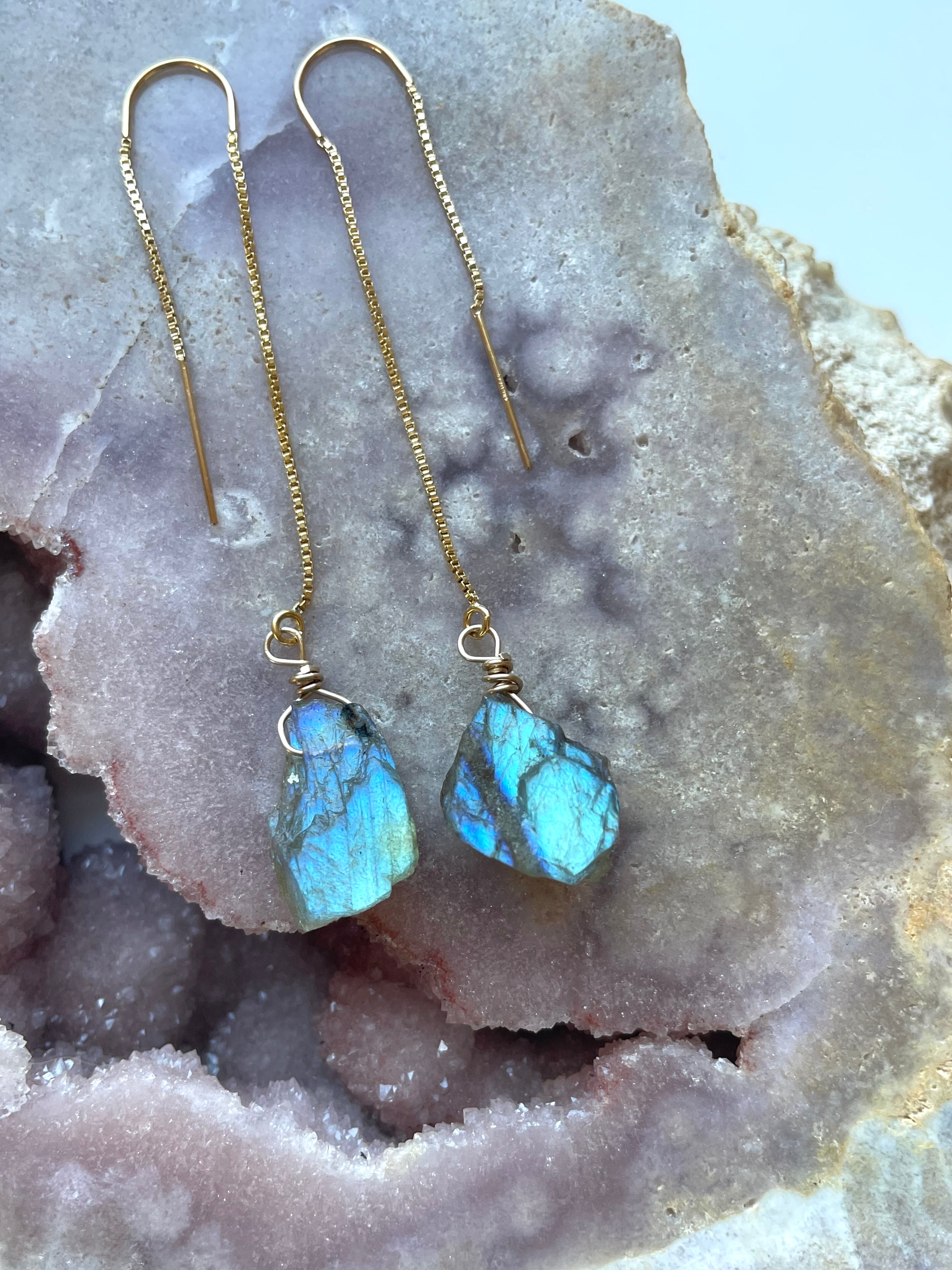 Labradorite Threader Earrings - Sterling Silver or 14K Gold Filled Dangle Earrings for Women | Healing Crystal Jewelry for Everyday Wear & Special Occasions