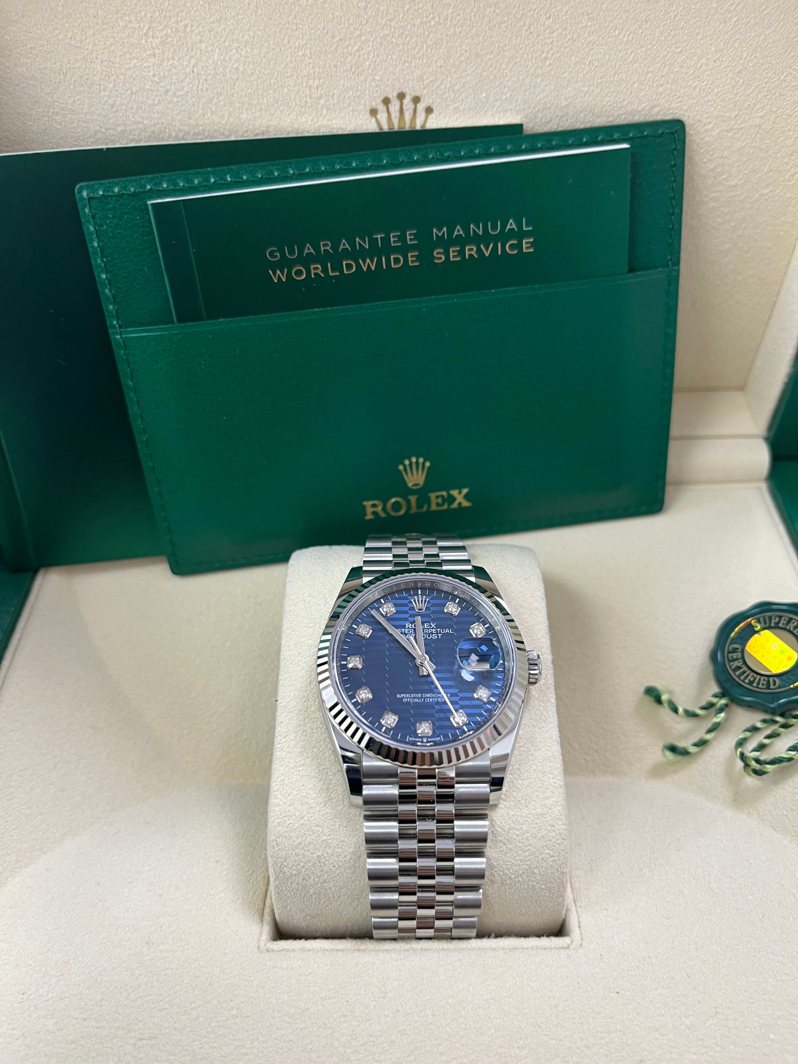 Rolex Datejust 36mm Men's Watch - Fluted Bezel, Bright Blue Diamond Dial, Jubilee Bracelet (Ref.126234) | Luxury Dress Watch for Business & Formal Occasions