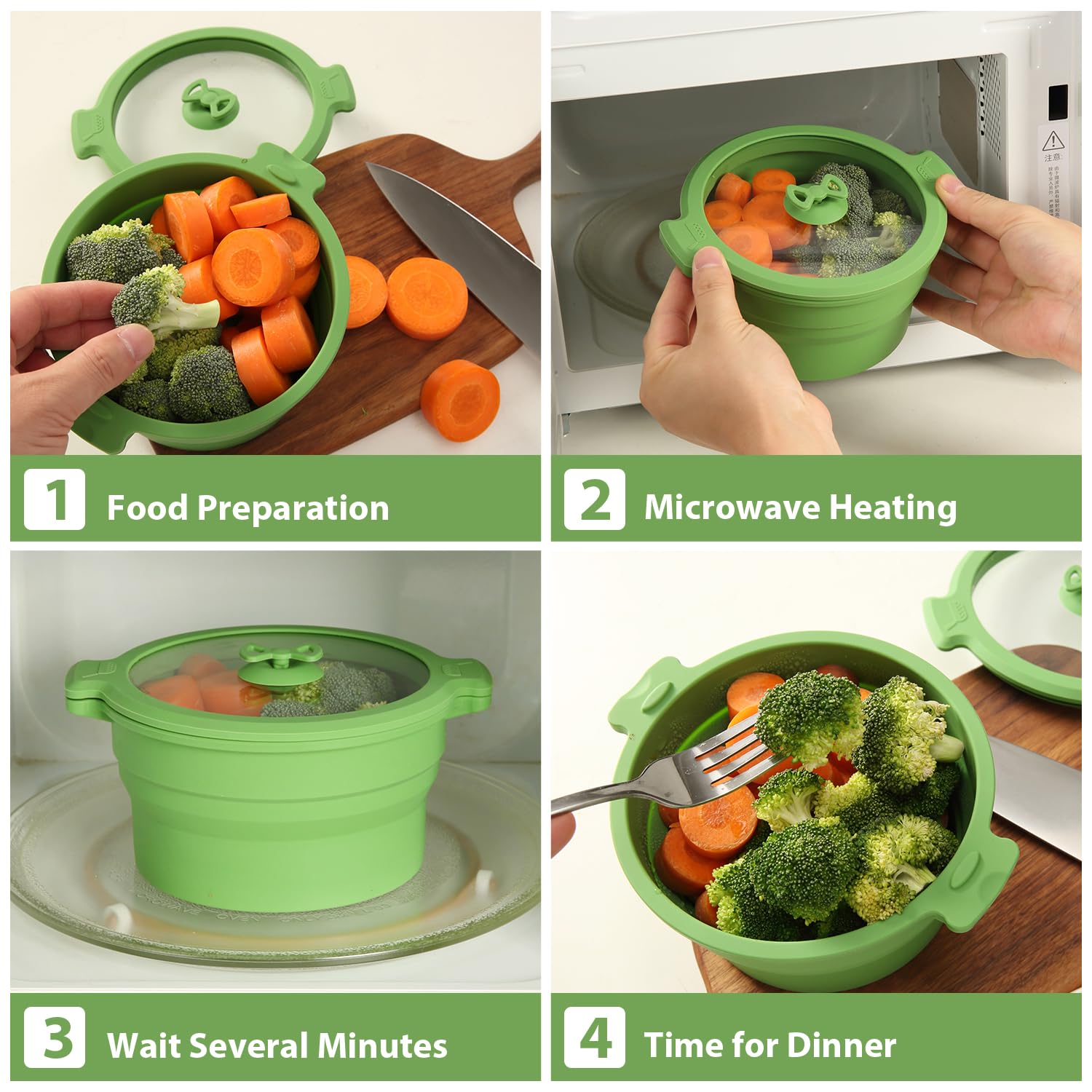 Collapsible Silicone Microwave Cookware Set - 0.8L & 1.4L BPA-Free Steamer with Lids, Glass Food Storage Containers & Mixing Bowls for Healthy Cooking | Perfect for Meal Prep, Leftovers & Small Space Kitchens