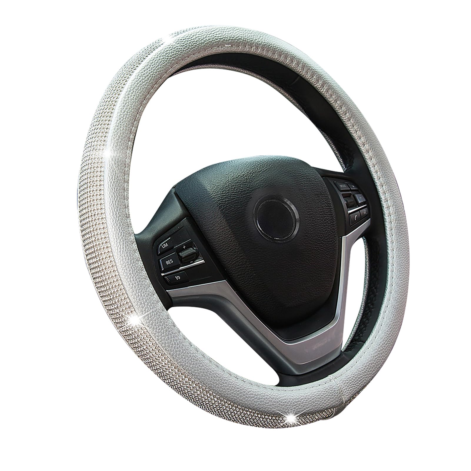 Diamond Leather Steering Wheel Cover with Crystal Rhinestones - Universal Fit 15 Inch Car Wheel Protector for Women & Girls (Silver) - Luxury Car Accessory for Daily Driving & Gift Giving